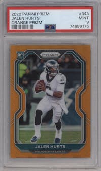 Jalen Hurts from the 2020 Panini Prizm set featuring a Orange Prizm parallel graded by PSA and given an overall grade of 9.