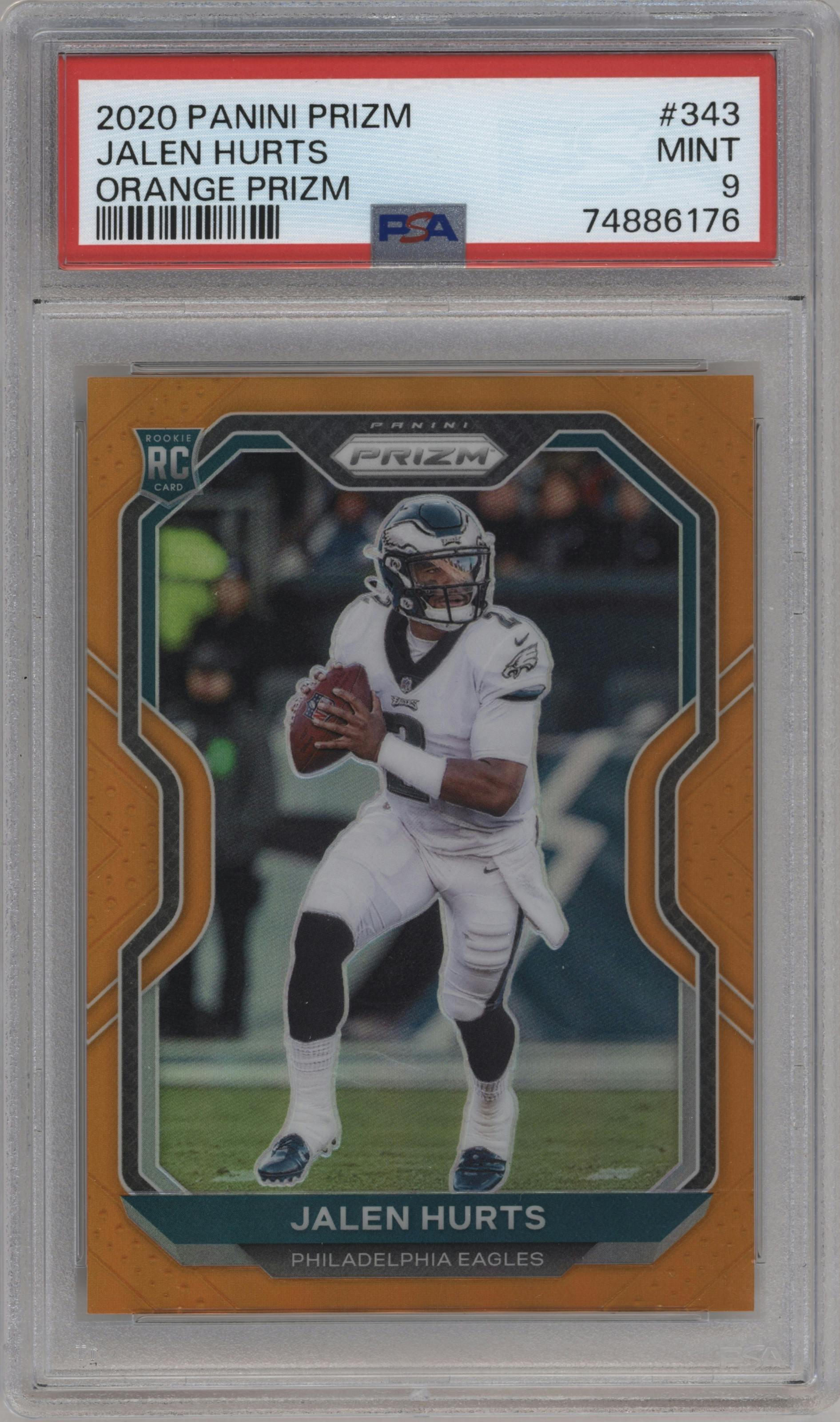 Jalen Hurts from the 2020 Panini Prizm set featuring a Orange Prizm parallel graded by PSA and given an overall grade of 9.