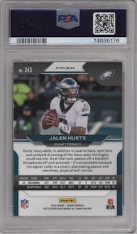 Jalen Hurts from the 2020 Panini Prizm set featuring a Orange Prizm parallel graded by PSA and given an overall grade of 9.