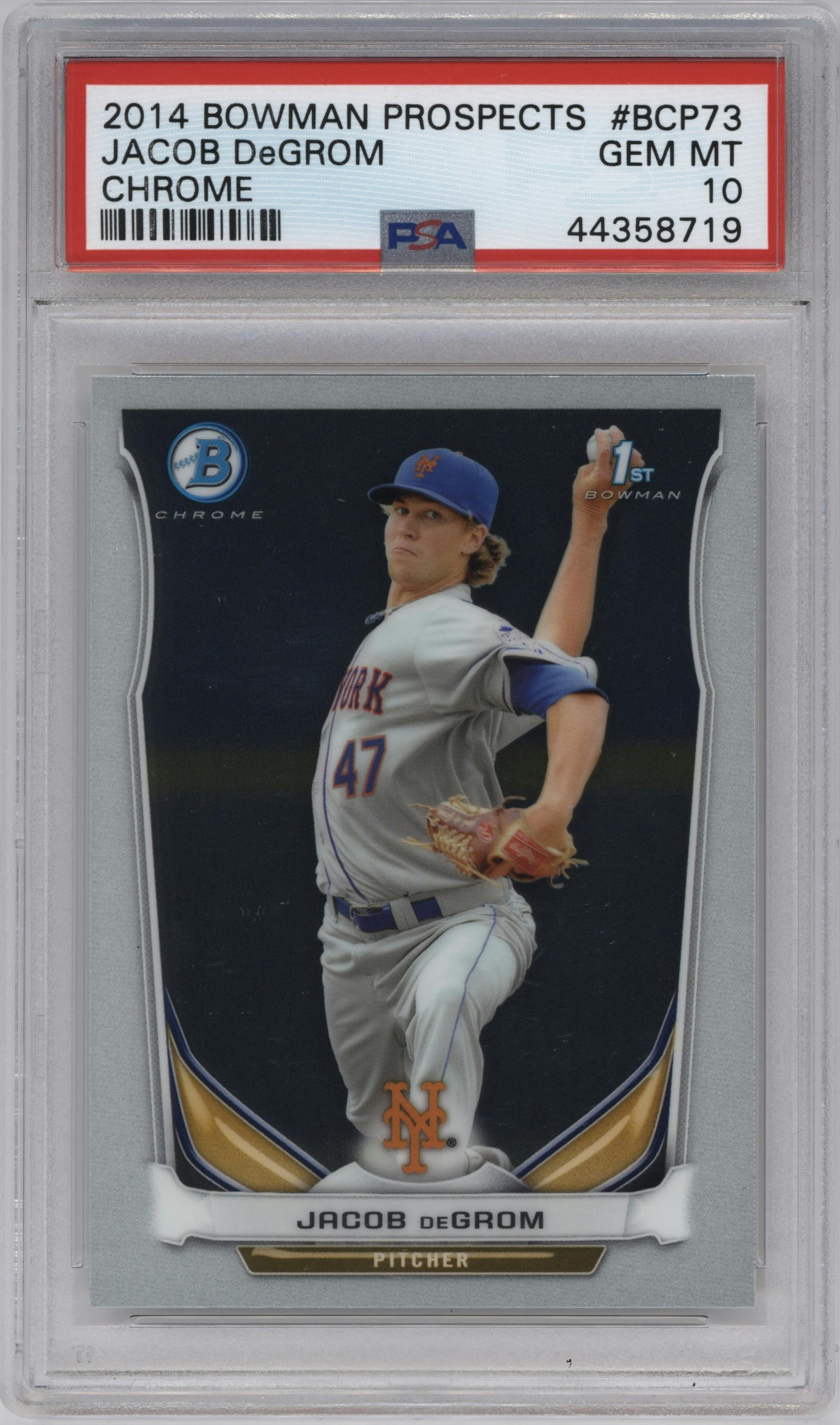 Jacob deGrom from the 2014 Bowman set graded by PSA and given an overall grade of 10.