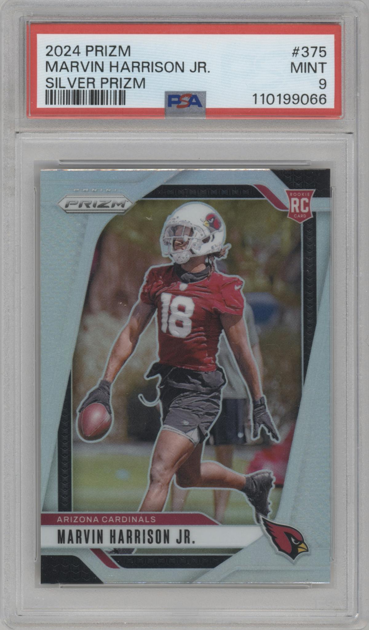 Marvin Harrison Jr. from the 2024 Panini Prizm set featuring a Silver Prizm parallel graded by PSA and given an overall grade of 9.