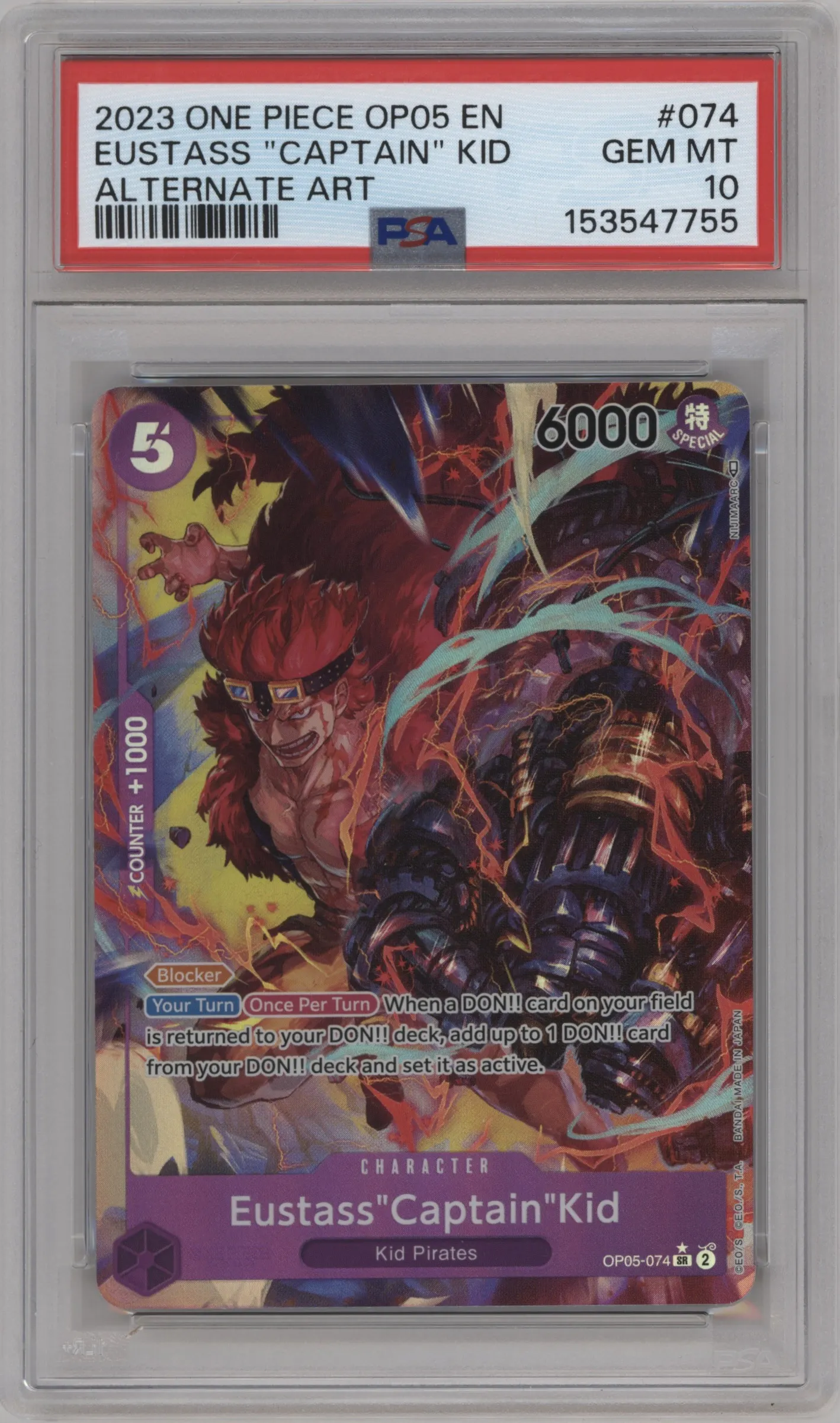 2023 One Piece Awakening of the New Era Eustass"Captain"Kid Alternate Art PSA 10