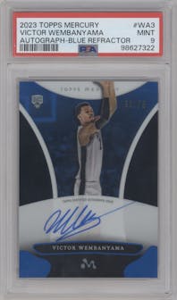 Victor Wembanyama from the 2023-24 Topps Mercury set featuring a Blue Refractor parallel graded by PSA and given an overall grade of 9.