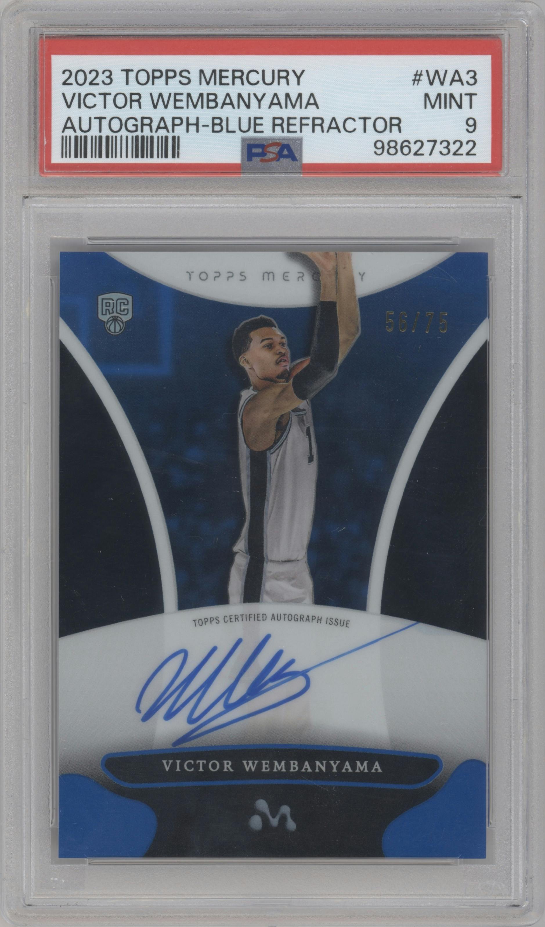 Victor Wembanyama from the 2023-24 Topps Mercury set featuring a Blue Refractor parallel graded by PSA and given an overall grade of 9.