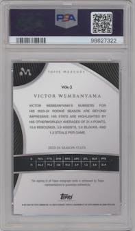 Victor Wembanyama from the 2023-24 Topps Mercury set featuring a Blue Refractor parallel graded by PSA and given an overall grade of 9.