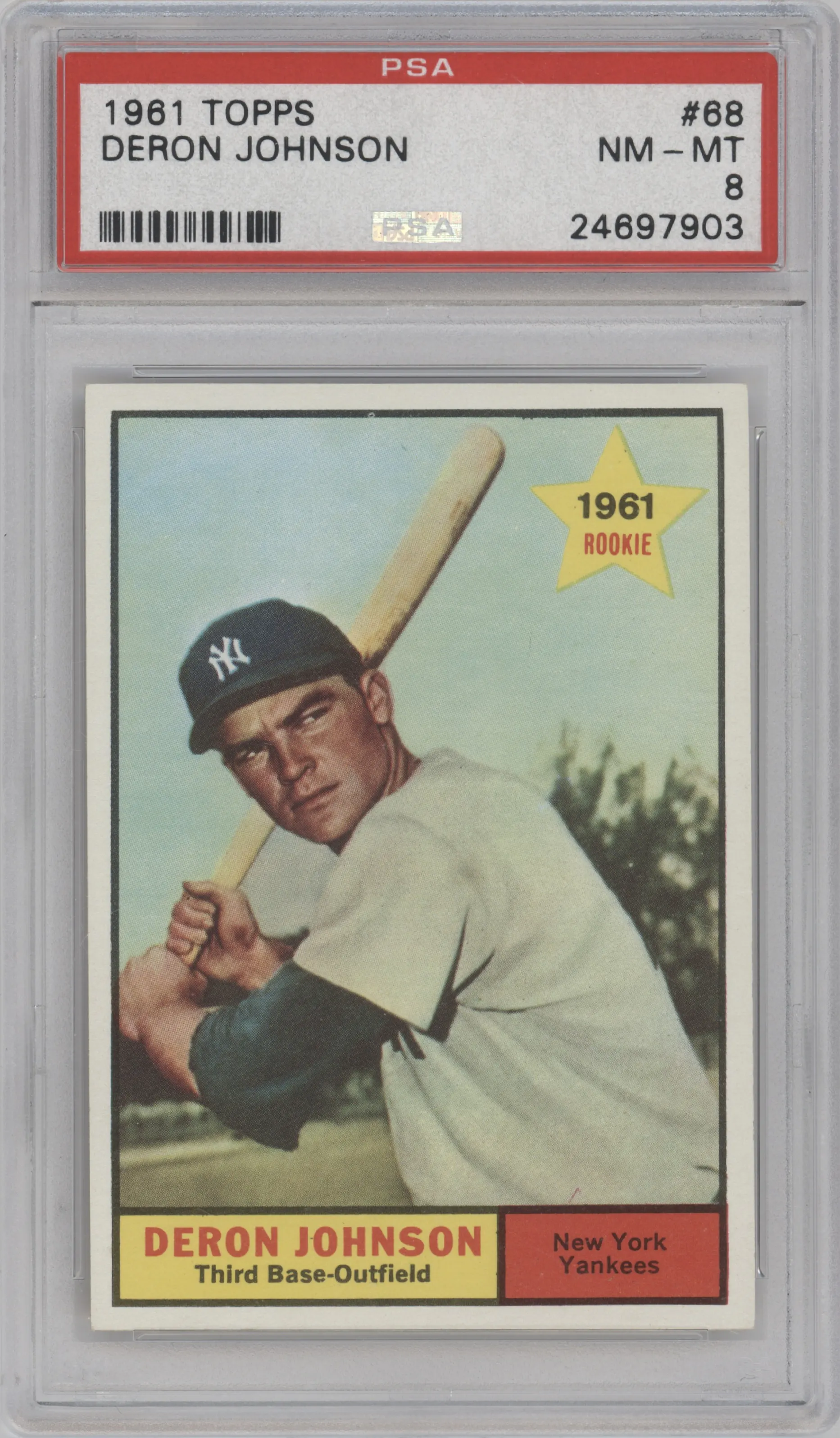 Deron Johnson from the 1961 Topps set graded by PSA and given an overall grade of 8.