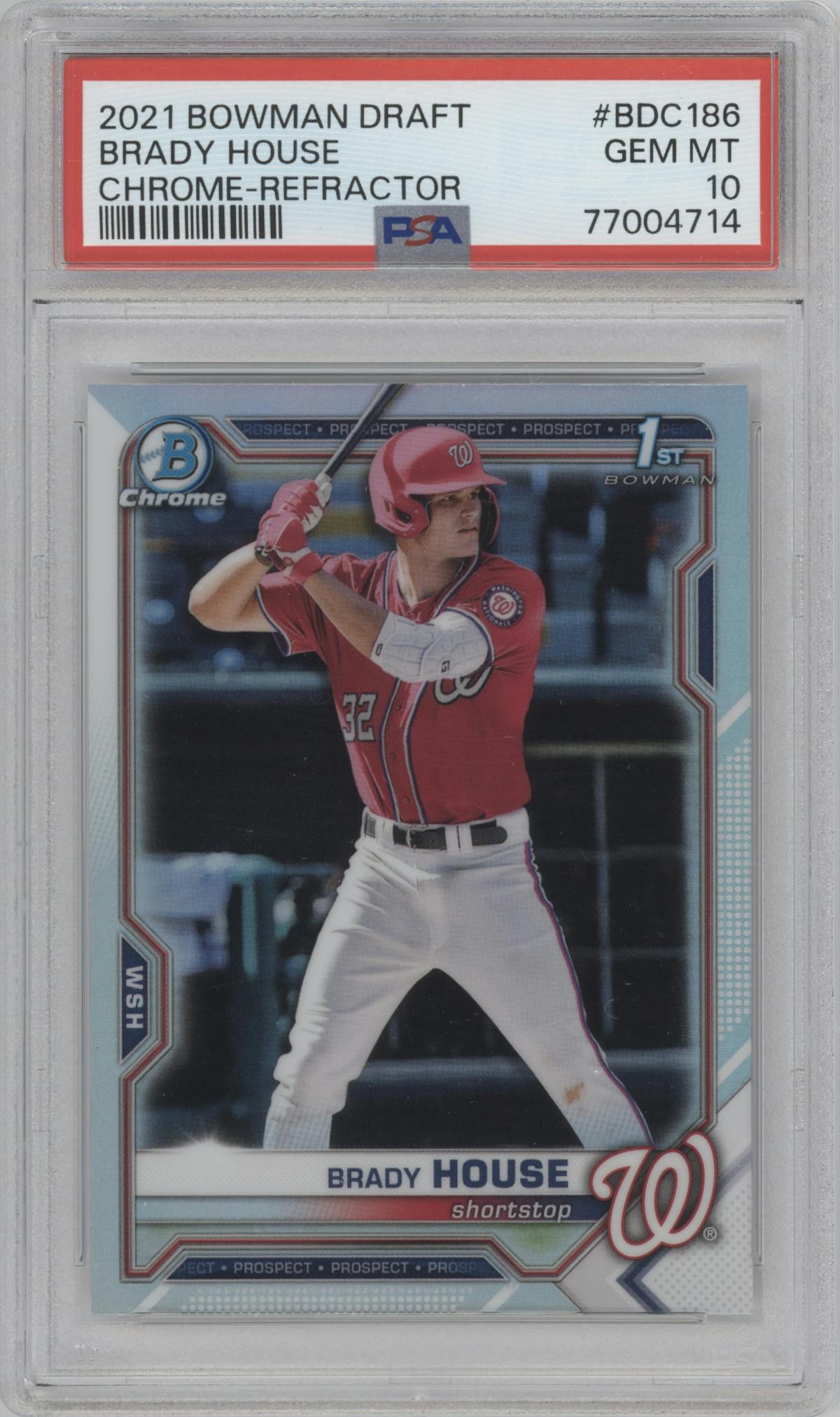 Brady House from the 2021 Bowman Draft set featuring a Refractor parallel graded by PSA and given an overall grade of 10.