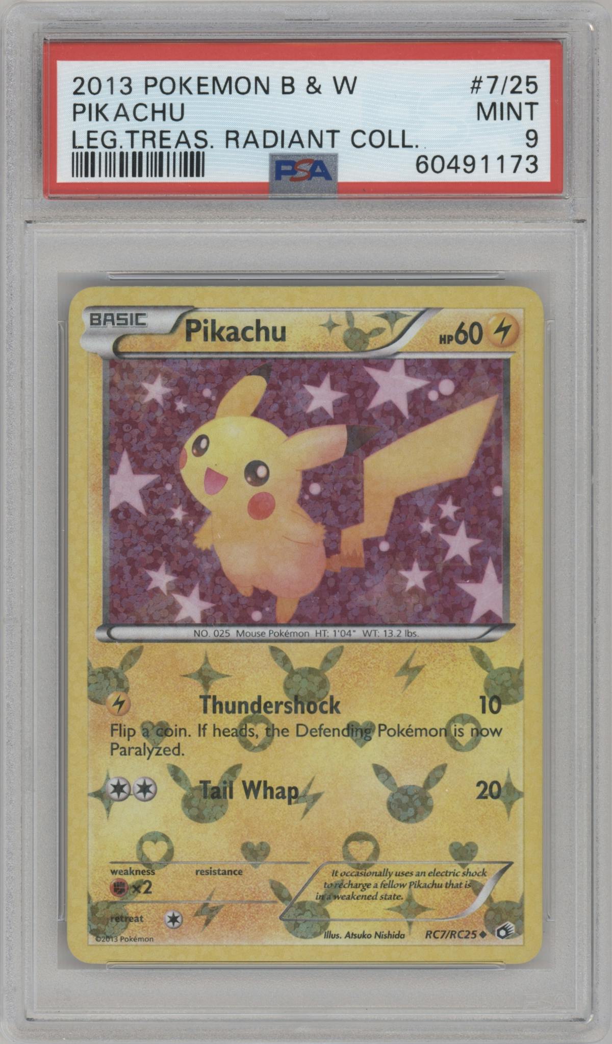 Pikachu from the 2013 Pokemon B&W set graded by PSA and given an overall grade of 9.