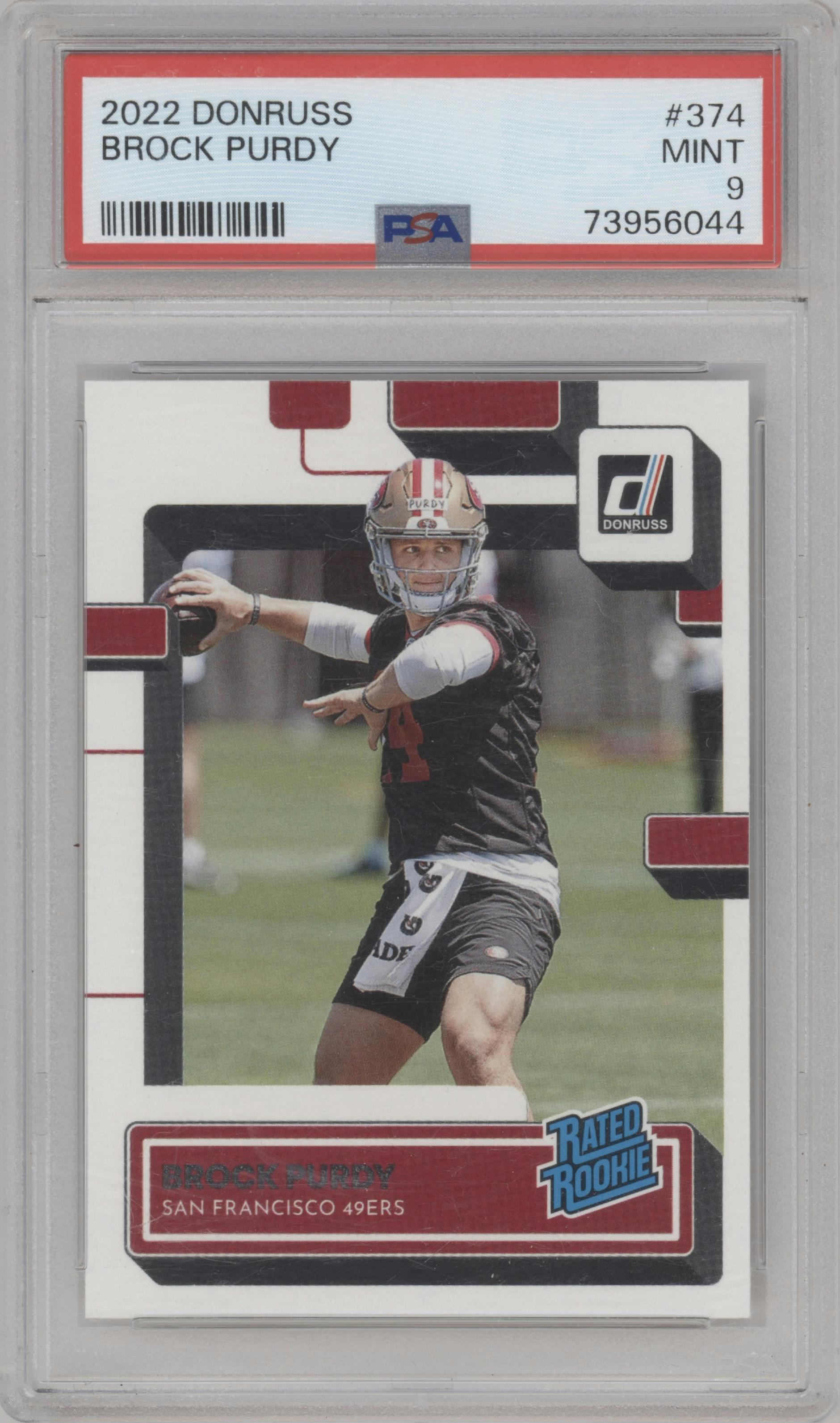 Brock Purdy from the 2022 Panini Donruss set graded by PSA and given an overall grade of 9.