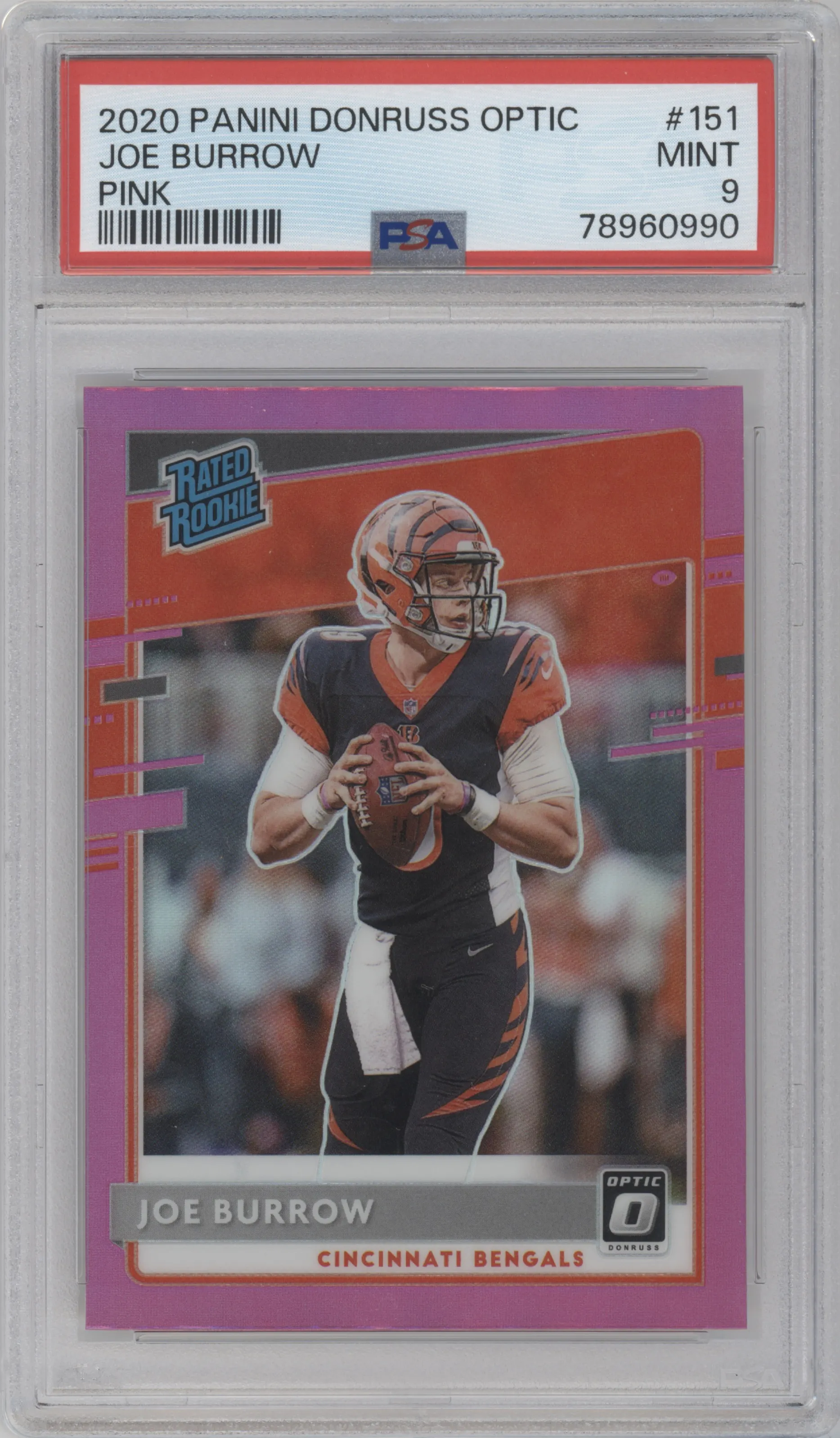 Joe Burrow from the 2020 Panini Donruss Optic set featuring a Pink parallel graded by PSA and given an overall grade of 9.