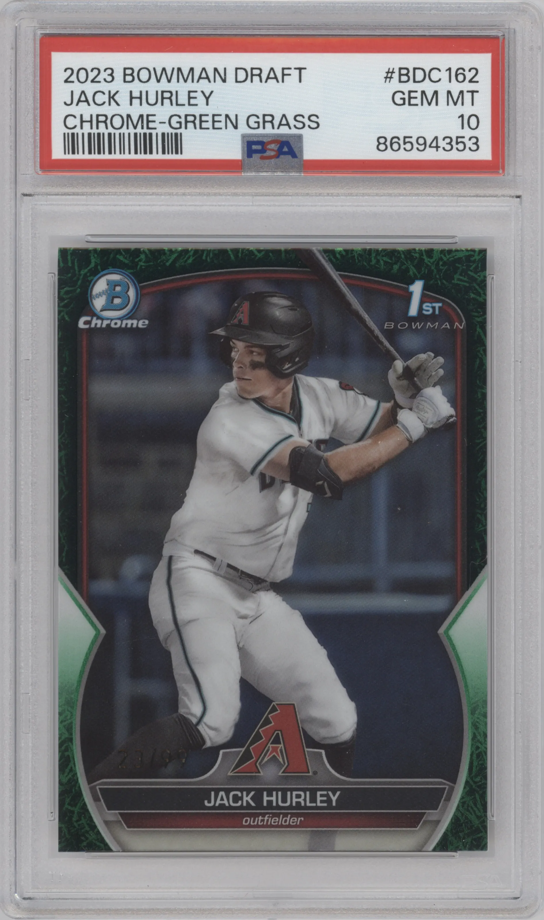 Jack Hurley from the 2023 Bowman Draft set featuring a Green Grass Refractor parallel graded by PSA and given an overall grade of 10.