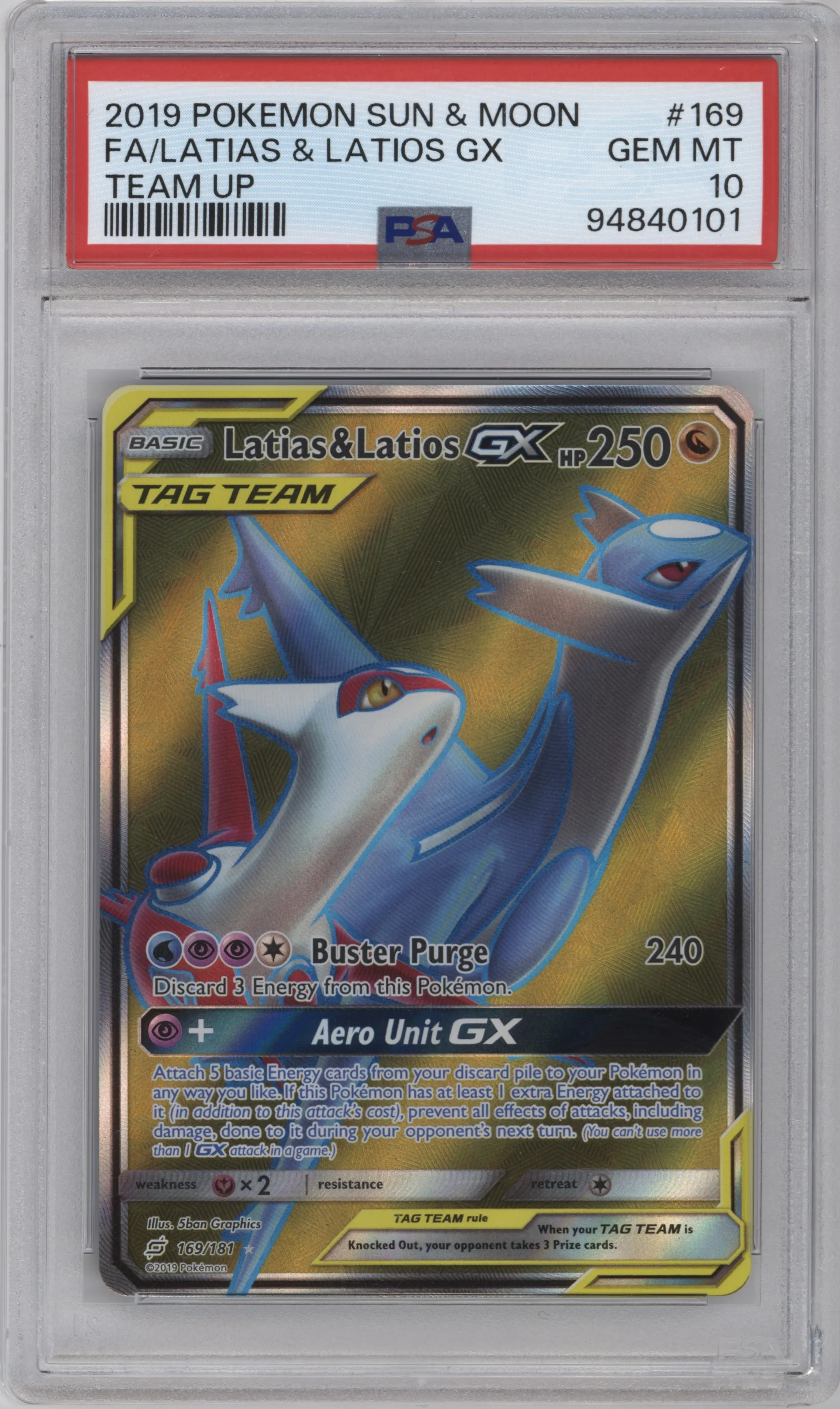 Latias & Latios GX from the 2019 Pokemon S&M  set graded by PSA and given an overall grade of 10.