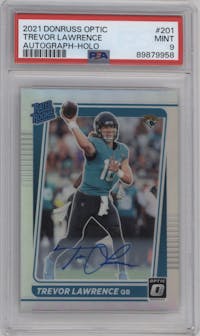 Trevor Lawrence from the 2021 Panini Donruss Optic set featuring a Holo parallel graded by PSA and given an overall grade of 9.