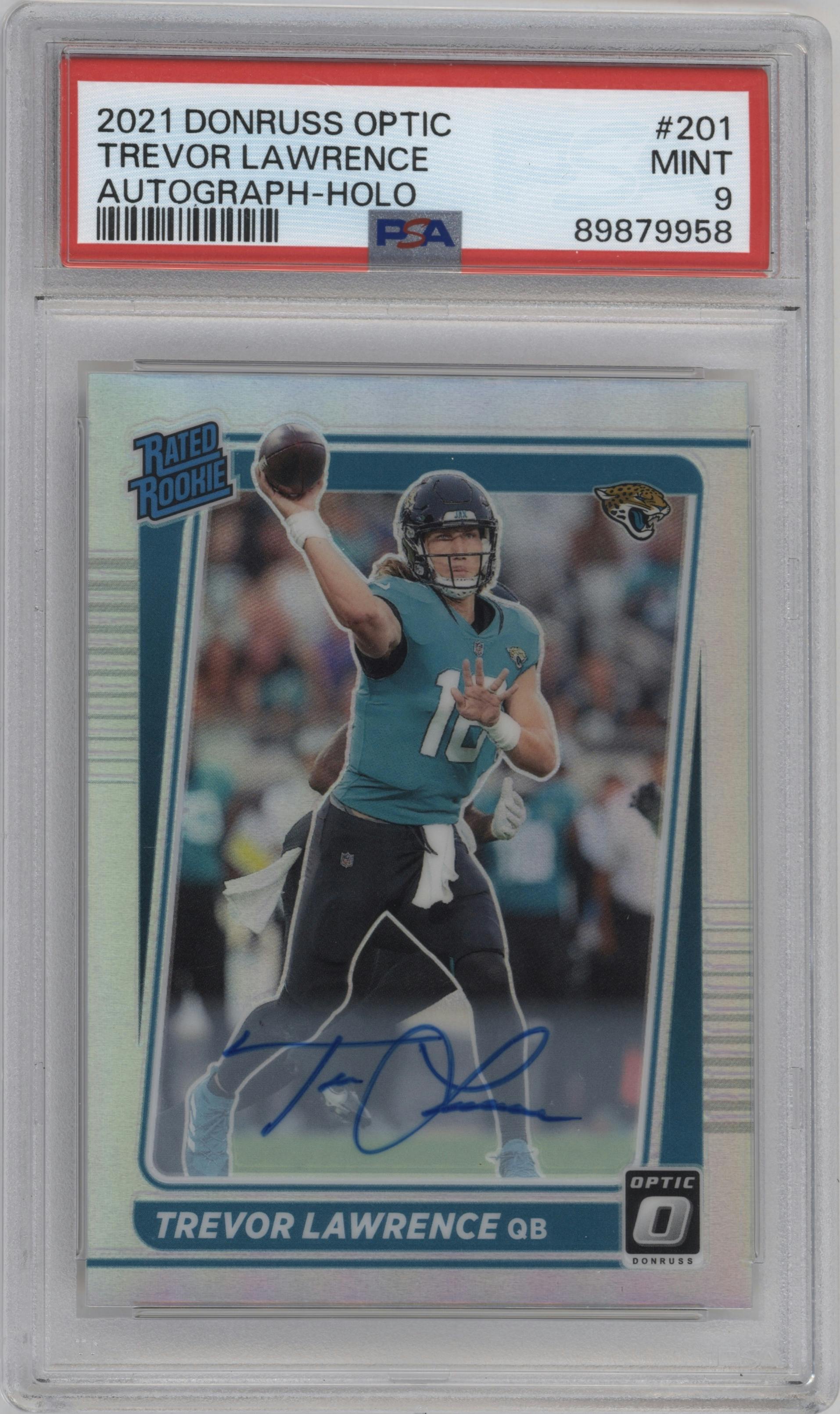 Trevor Lawrence from the 2021 Panini Donruss Optic set featuring a Holo parallel graded by PSA and given an overall grade of 9.