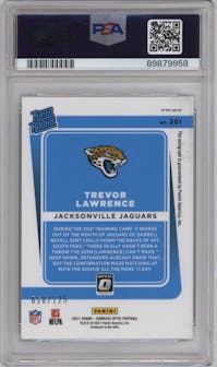 Trevor Lawrence from the 2021 Panini Donruss Optic set featuring a Holo parallel graded by PSA and given an overall grade of 9.