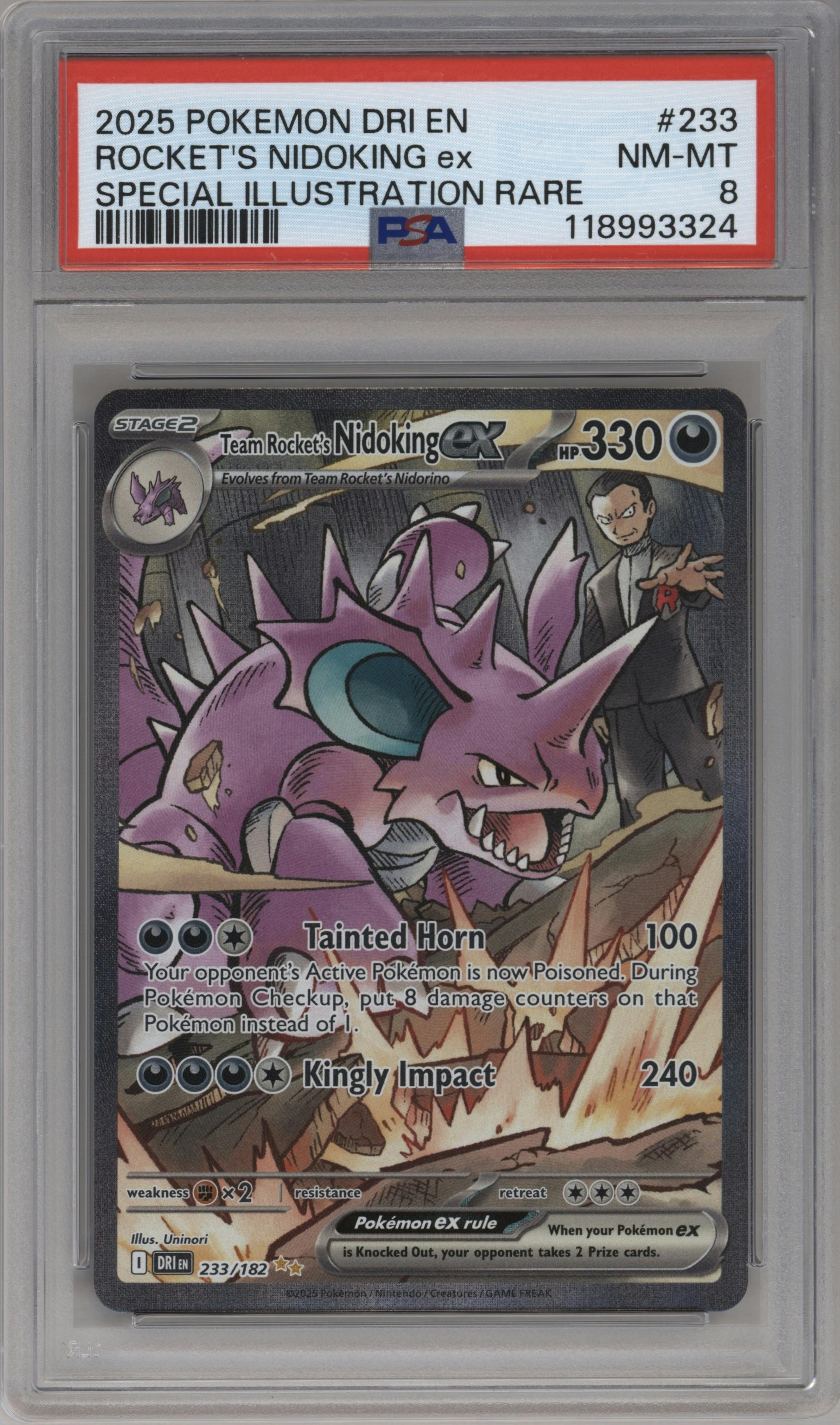 Team Rocket's Nidoking ex from the 2025 Pokemon SV set graded by PSA and given an overall grade of 8.