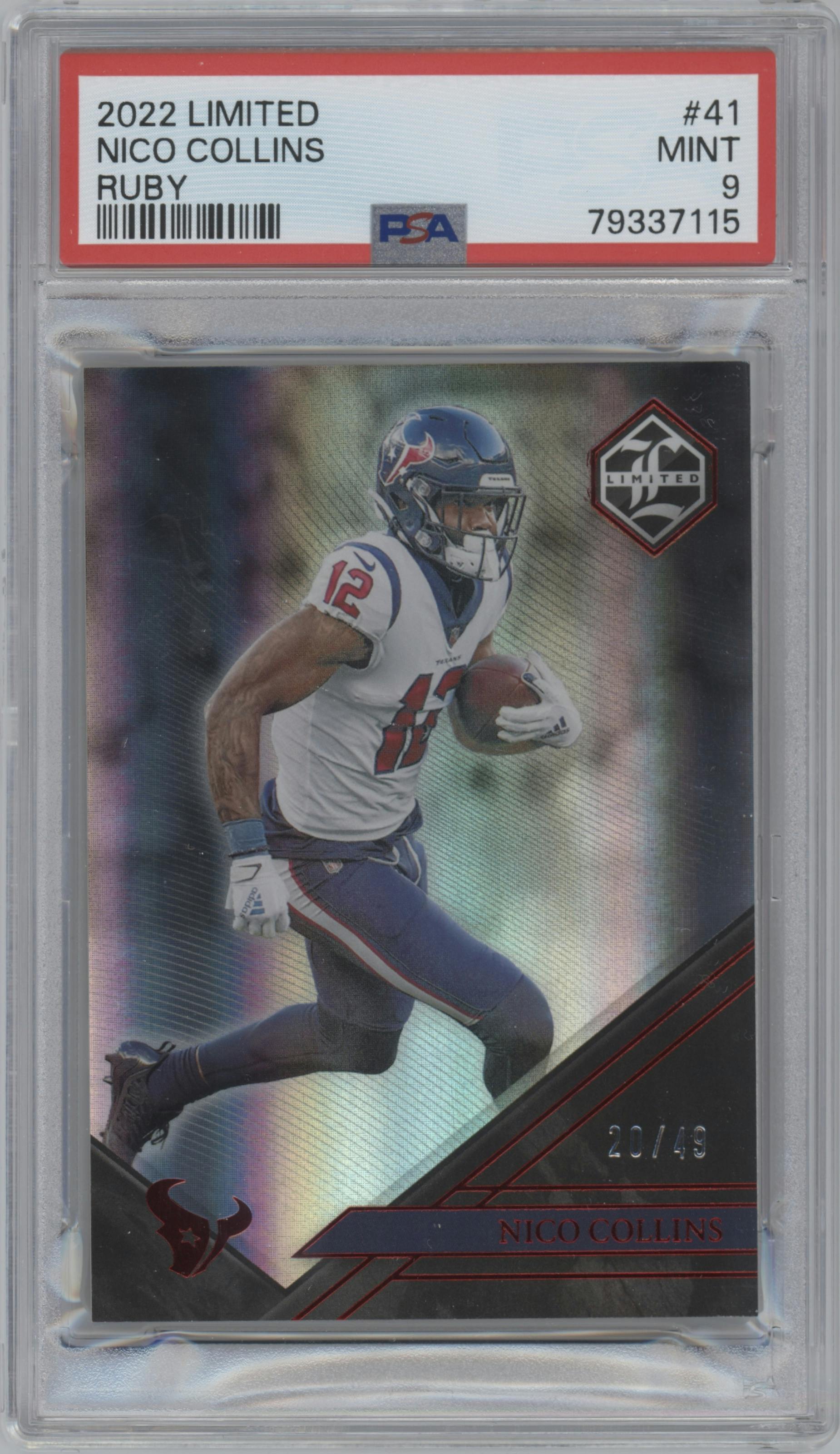 Nico Collins from the 2022 Panini Limited set featuring a Ruby Spotlight parallel graded by PSA and given an overall grade of 9.