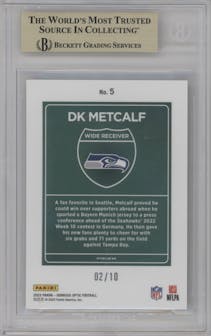 DK Metcalf from the 2023 Donruss Optic set featuring a Gold parallel graded by Beckett and given an overall grade of 9.5.