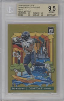 DK Metcalf from the 2023 Donruss Optic set featuring a Gold parallel graded by Beckett and given an overall grade of 9.5.