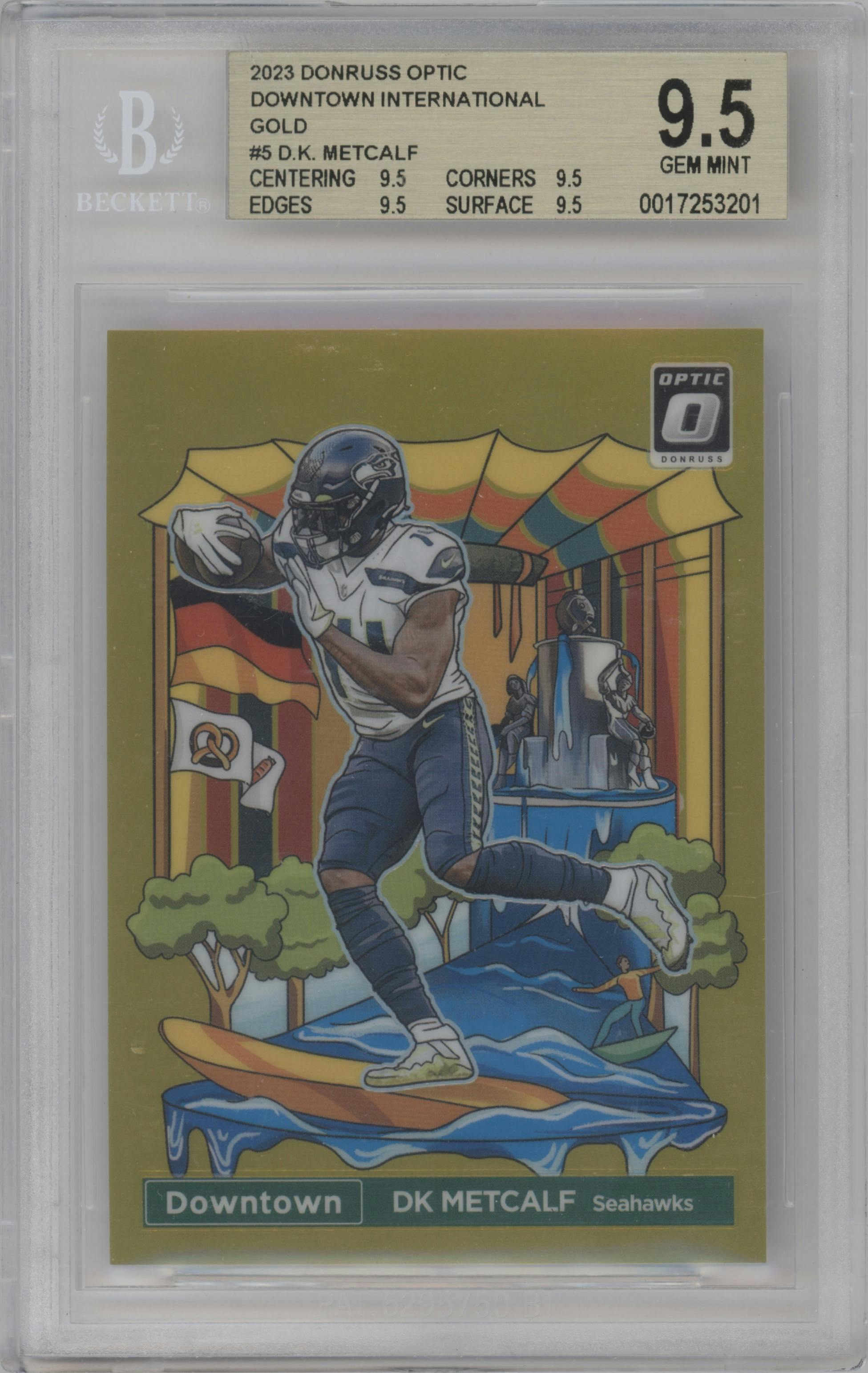 DK Metcalf from the 2023 Donruss Optic set featuring a Gold parallel graded by Beckett and given an overall grade of 9.5.