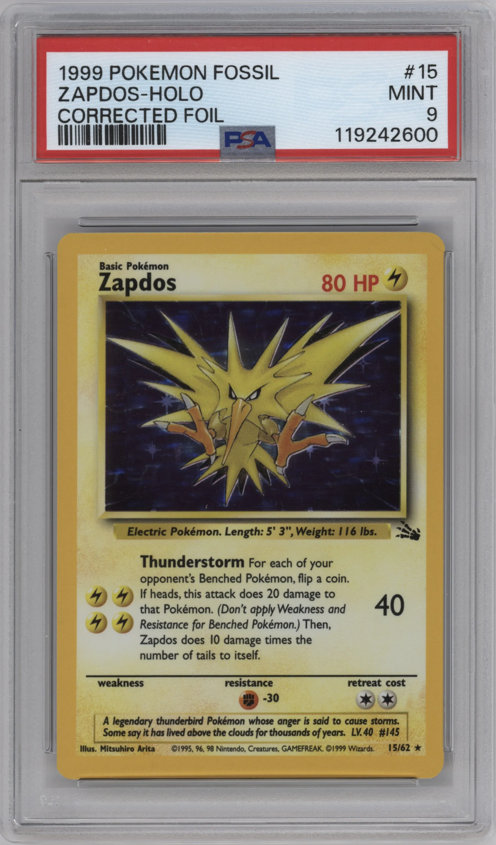 Zapdos from the 1999 Pokemon set featuring a Corrected Foil parallel graded by PSA and given an overall grade of 9.