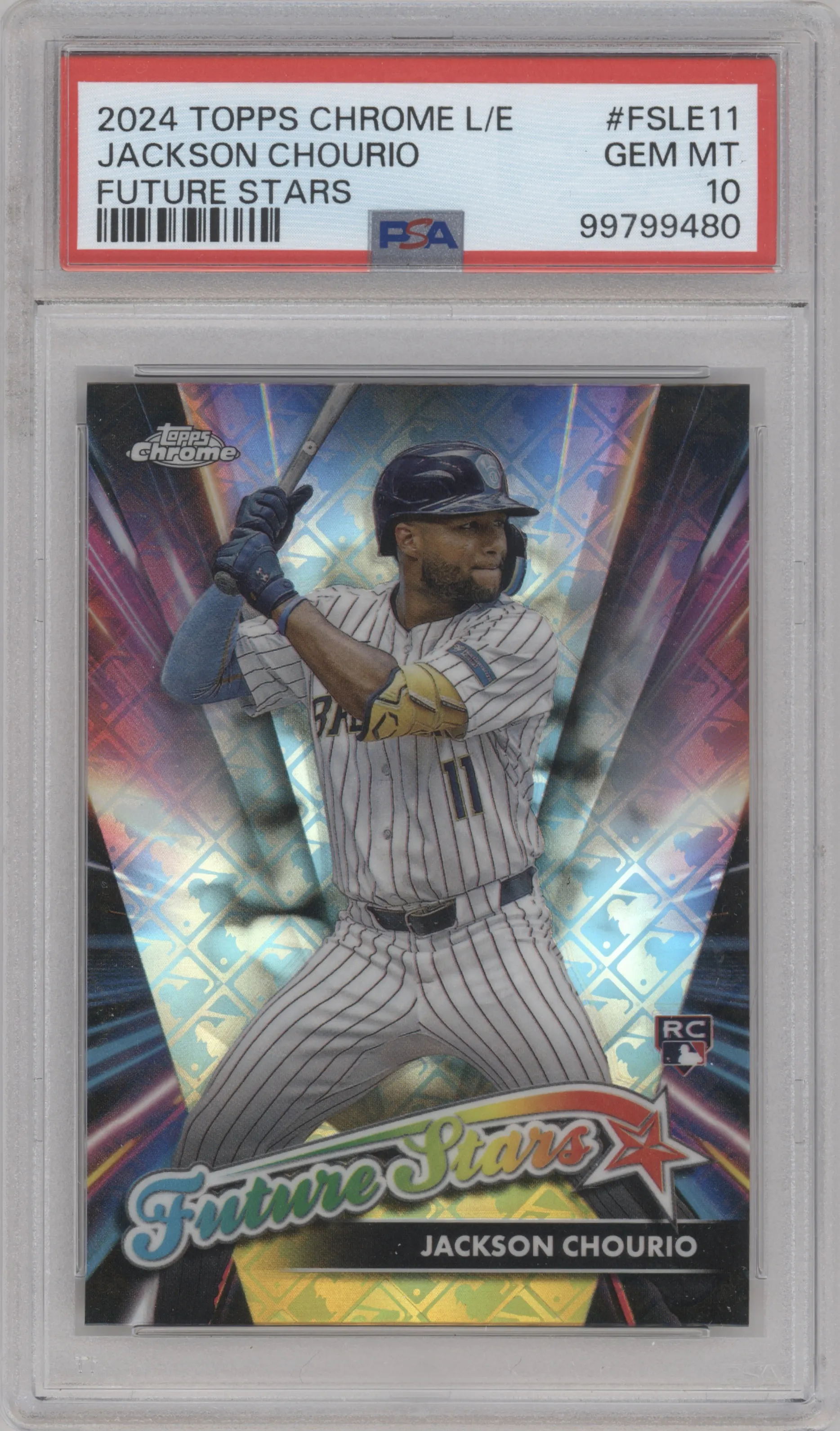 Jackson Chourio from the 2024 Topps Chrome Logofractor set graded by PSA and given an overall grade of 10.