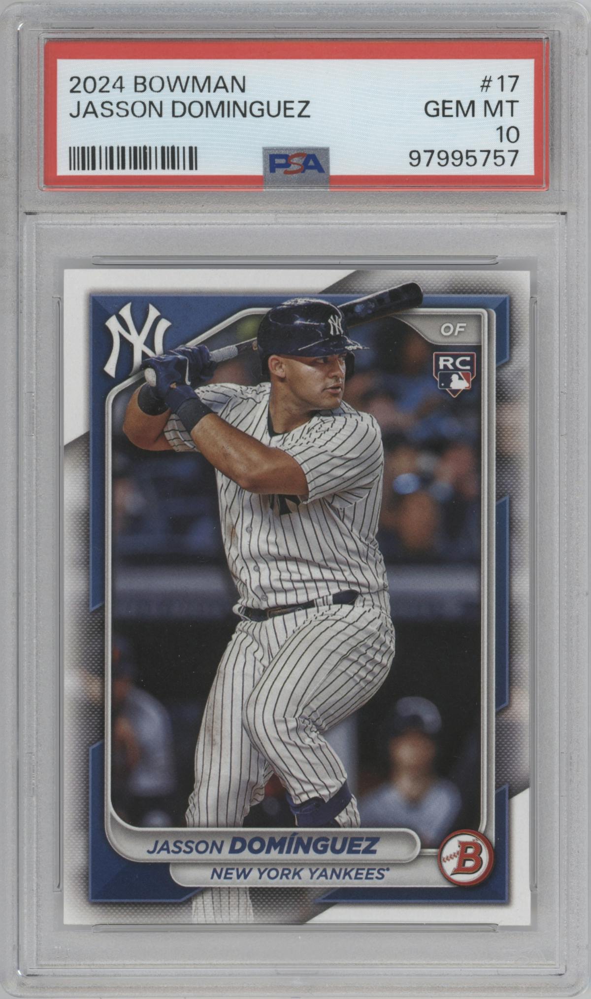 Jasson Dominguez from the 2024 Bowman set graded by PSA and given an overall grade of 10.