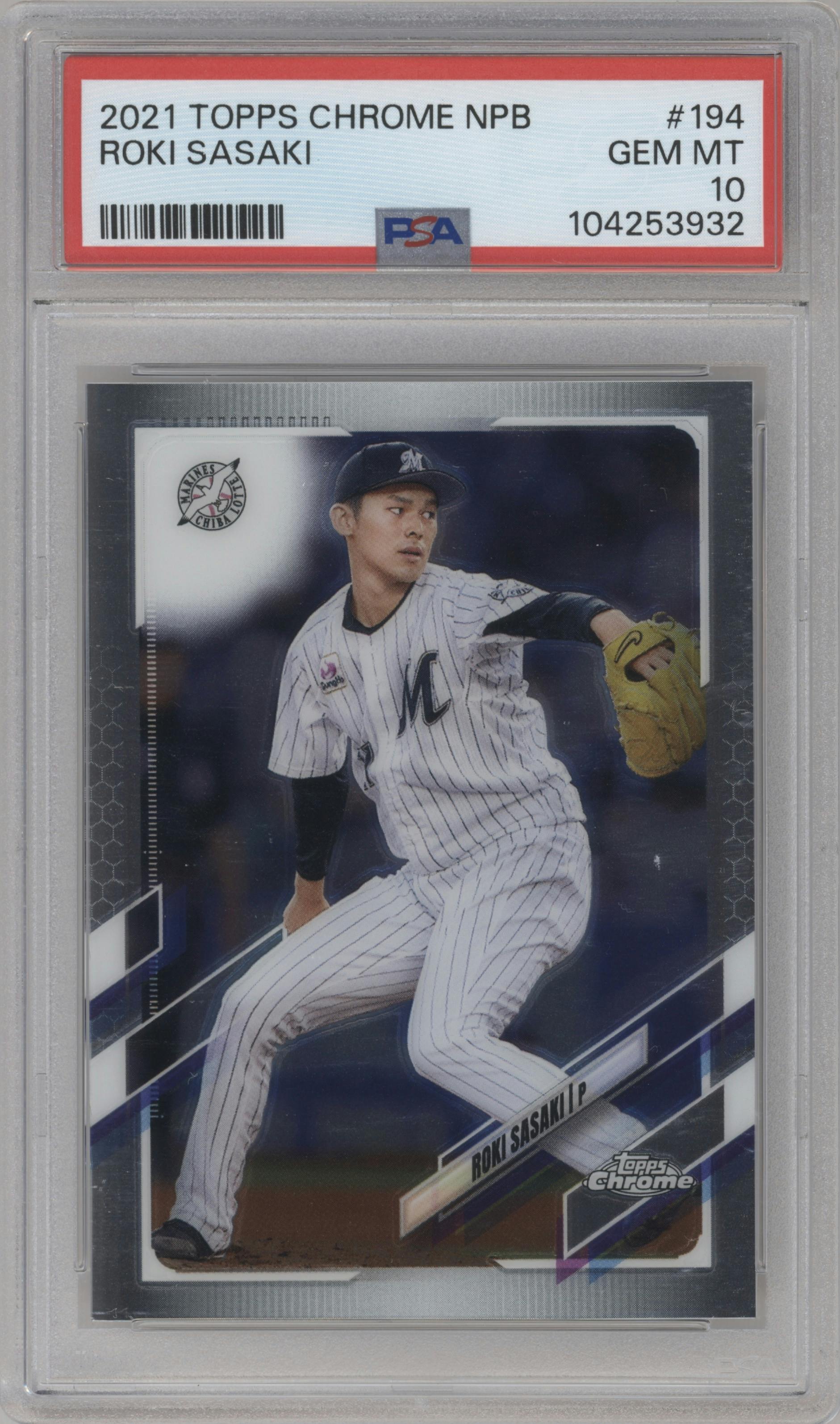 Roki Sasaki from the 2021 Topps Chrome NPB set graded by PSA and given an overall grade of 10.