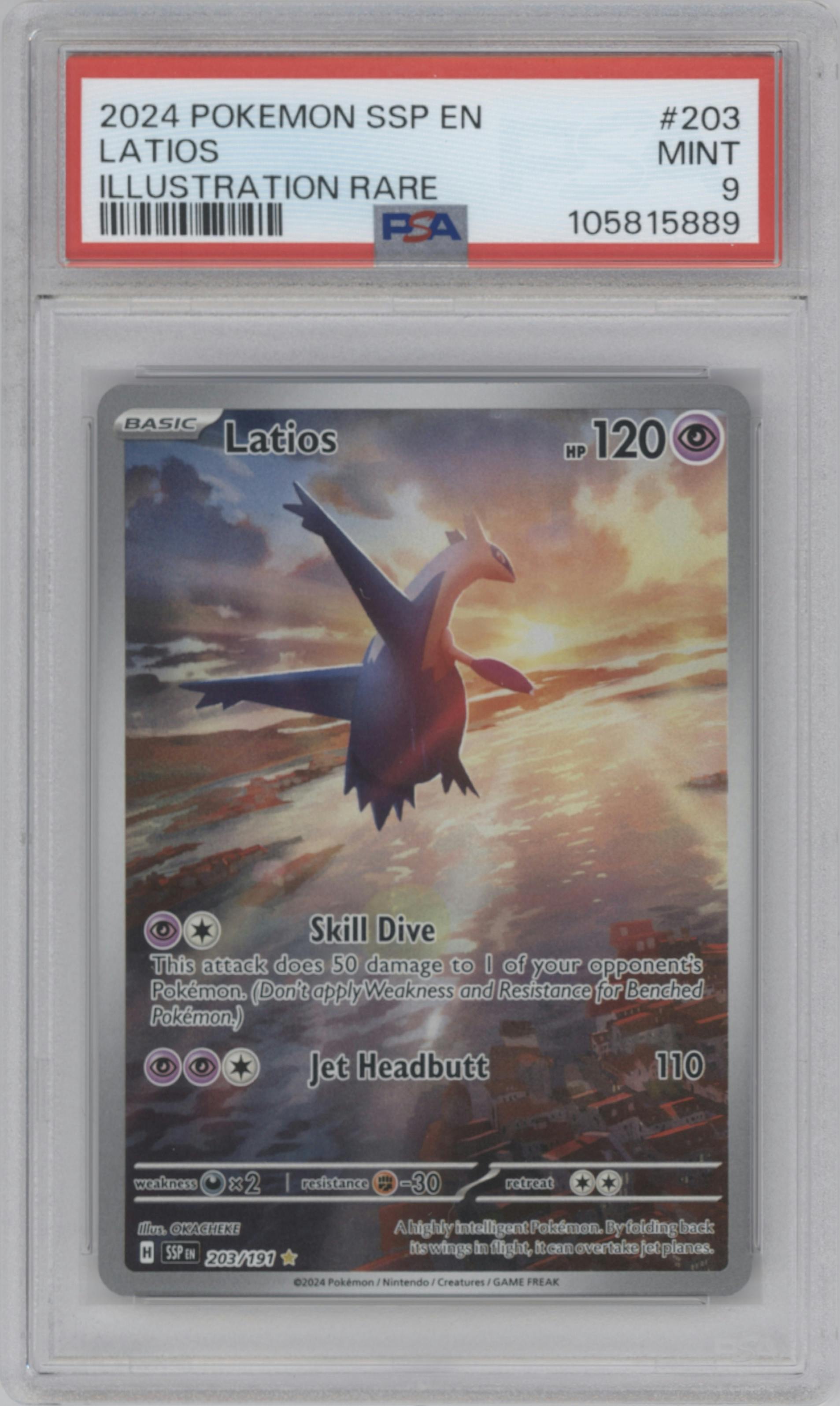 Latios from the 2024 Pokemon SV set graded by PSA and given an overall grade of 9.