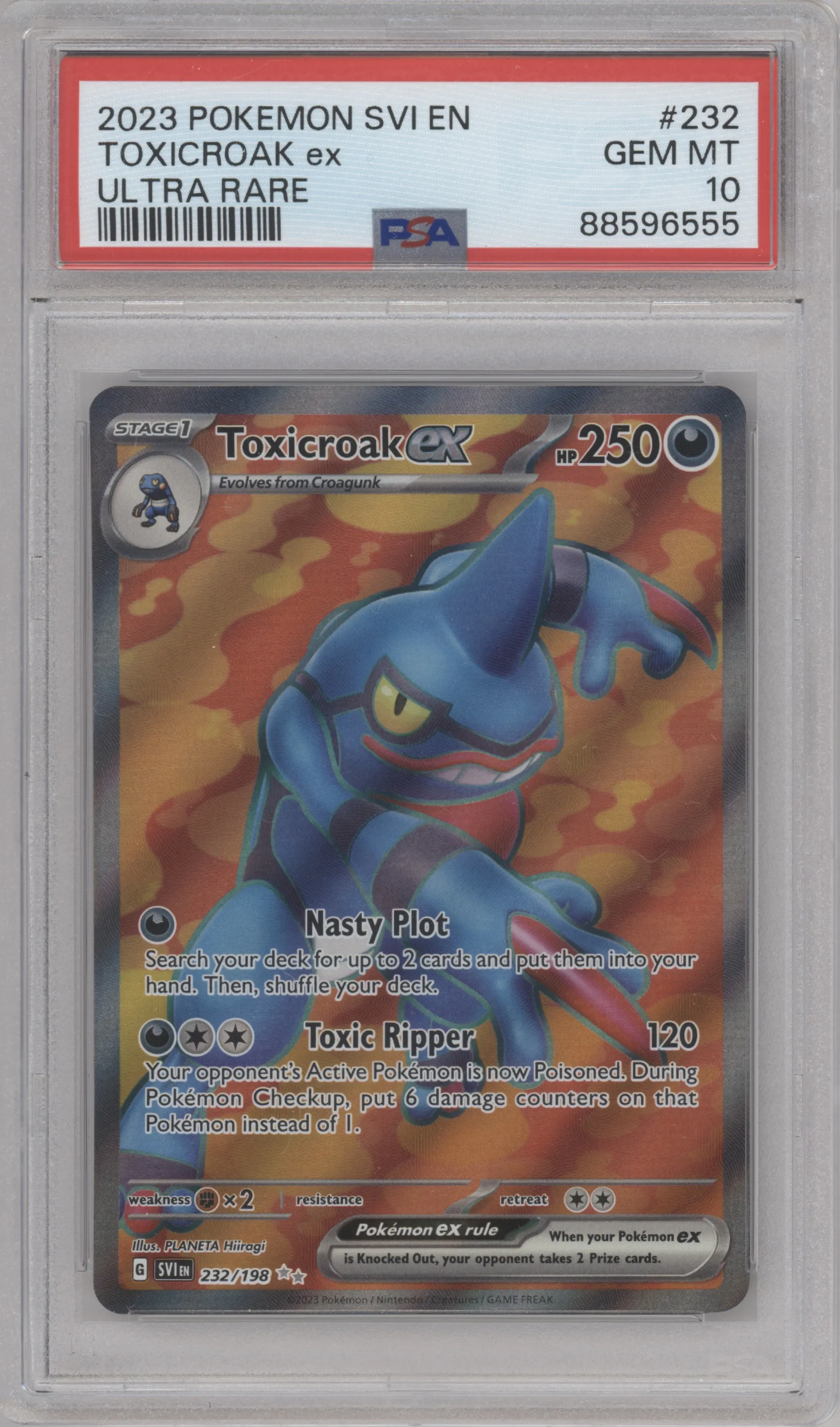 Toxicroak EX from the 2023 Pokemon SV set graded by PSA and given an overall grade of 10.