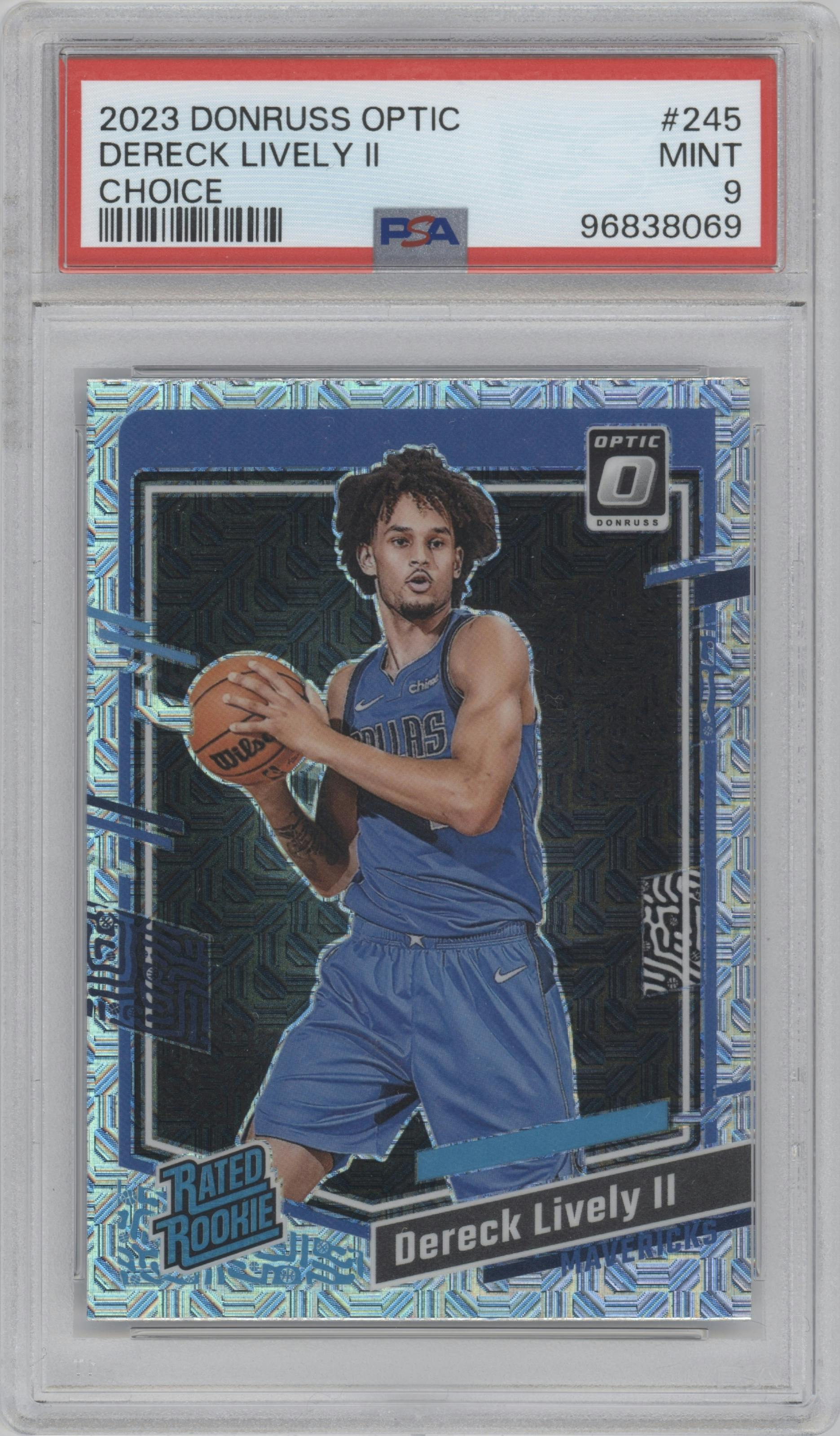 Dereck Lively II from the 2023-24 Donruss Optic set featuring a Choice parallel graded by PSA and given an overall grade of 9.