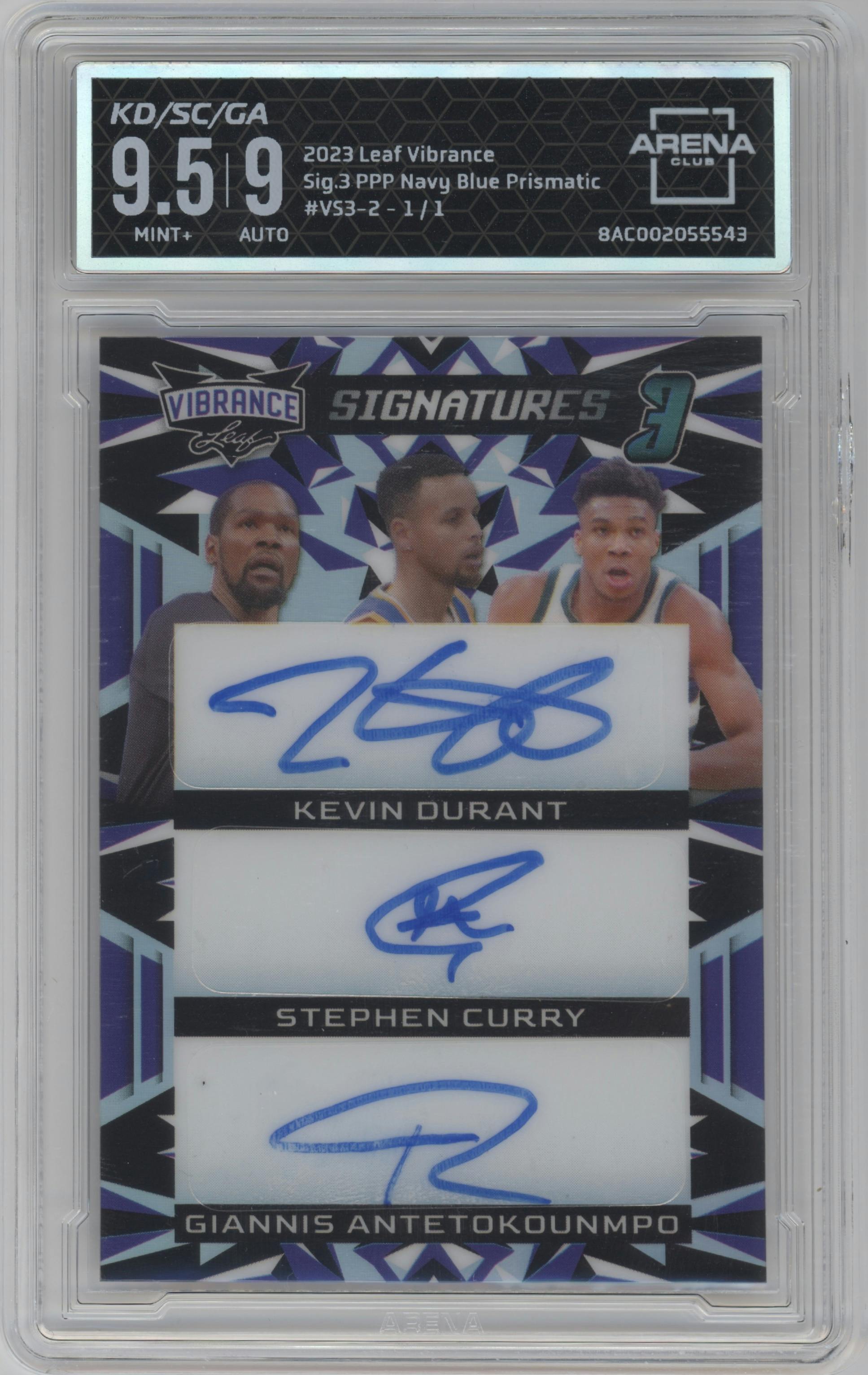 Kevin Durant/Stephen Curry/Giannis Antetokounmpo from the 2023 Leaf Vibrance set featuring a Pre-Production Proof Navy Blue Prismatic parallel graded by Arena Club and given an overall grade of 9.5.