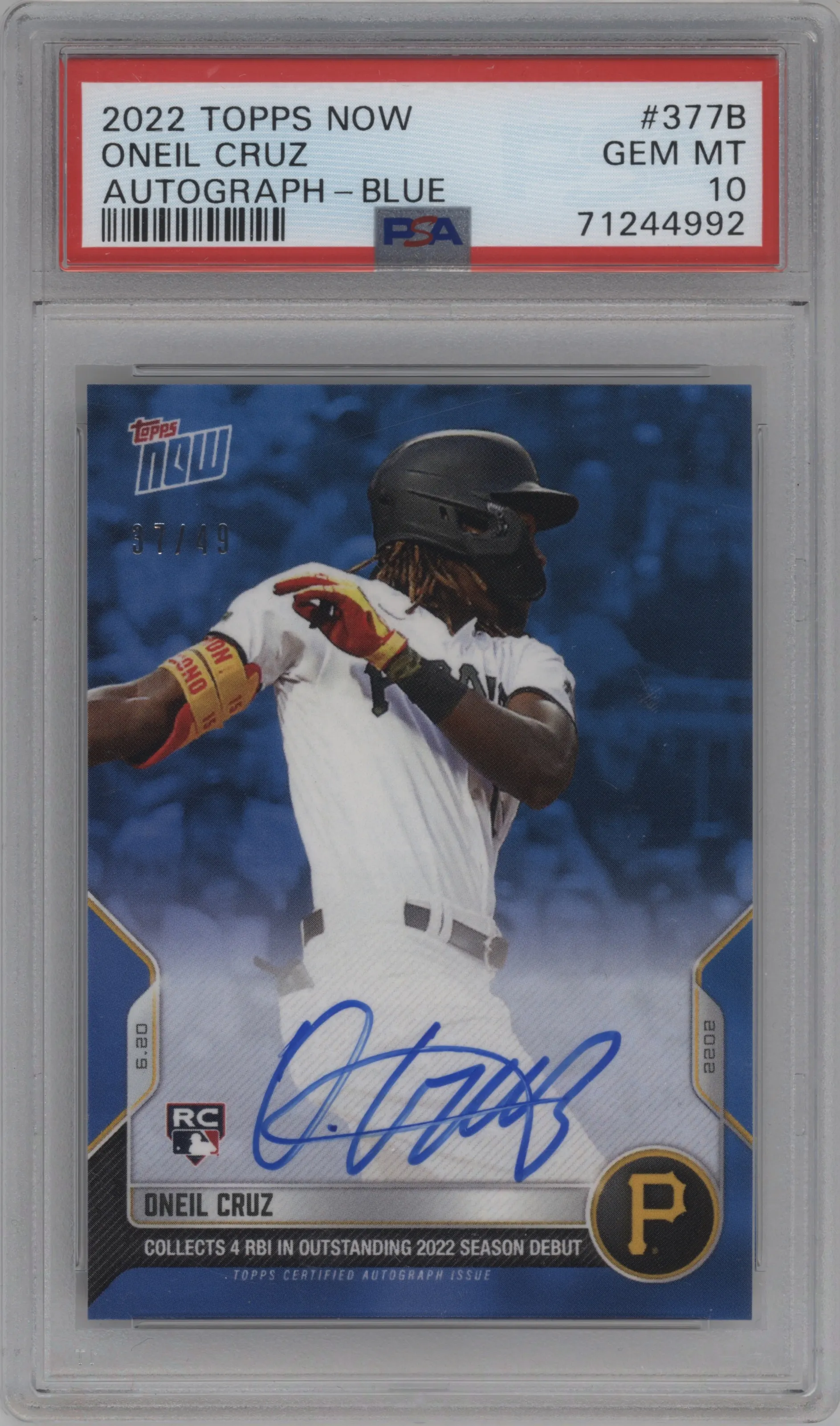2022 Topps Now Auto Oneil Cruz Blue PSA 10