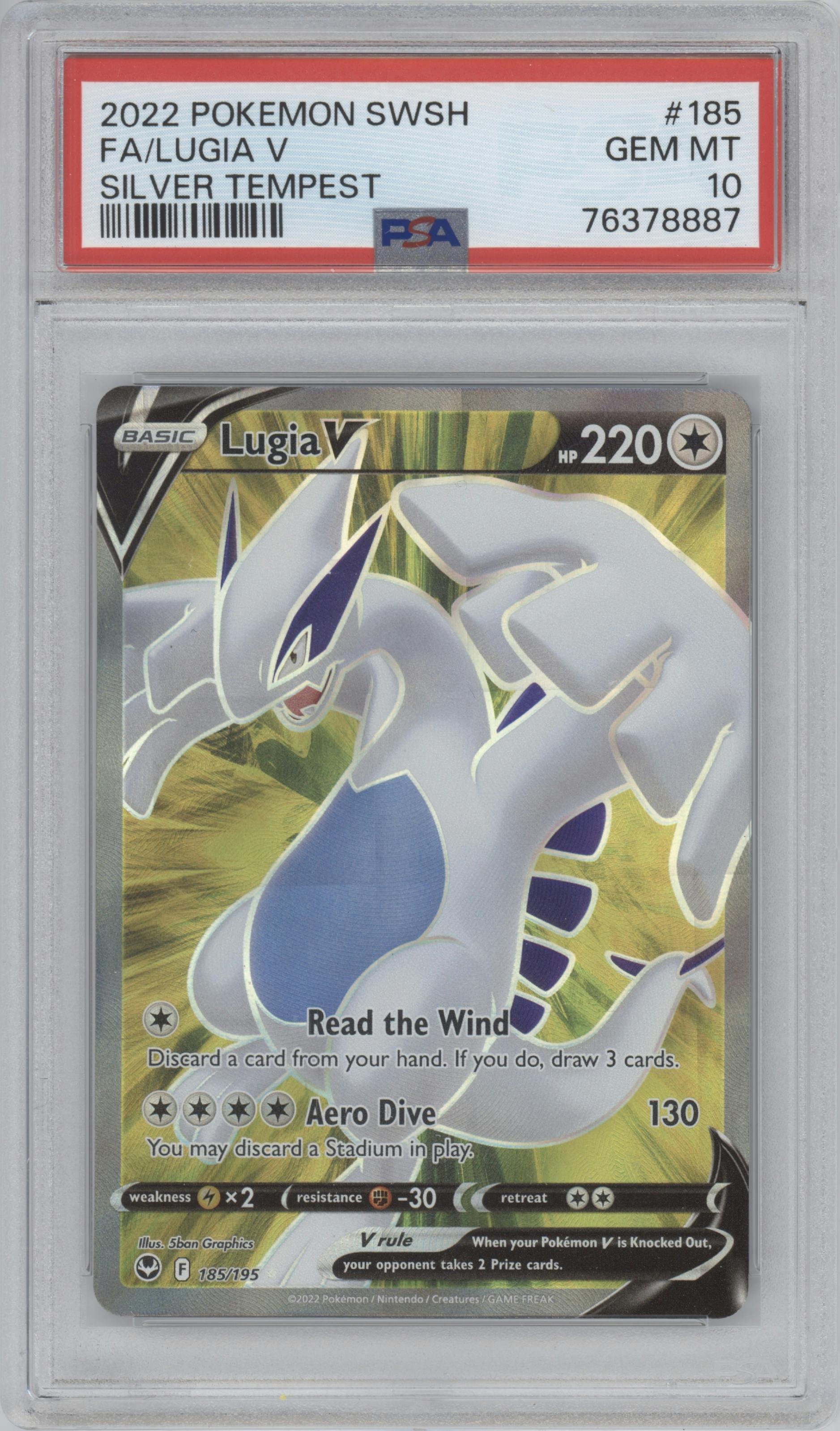 Lugia V from the 2022 Pokemon SWSH set graded by PSA and given an overall grade of 10.