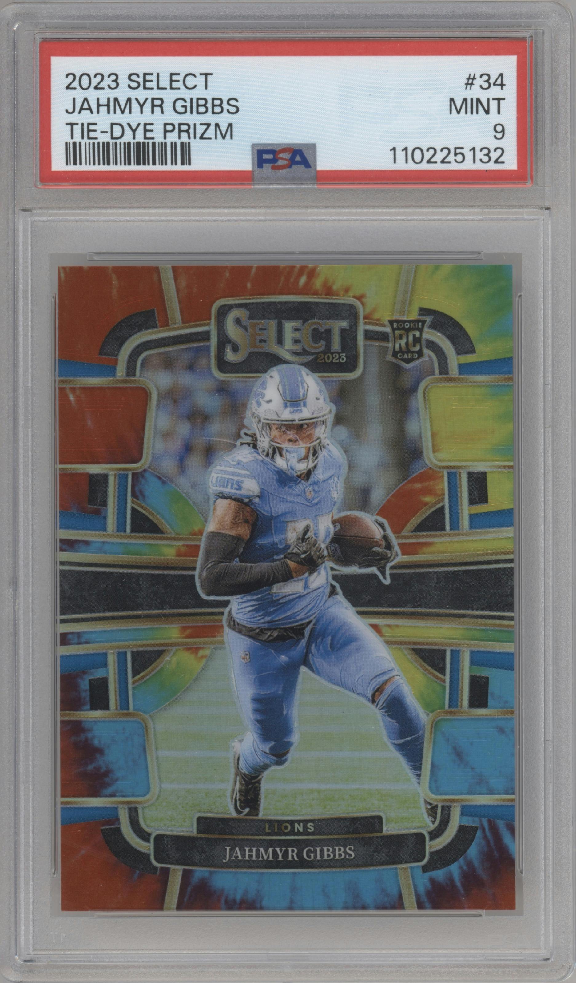 Jahmyr Gibbs from the 2023 Panini Select set featuring a Tie-Dye parallel graded by PSA and given an overall grade of 9.