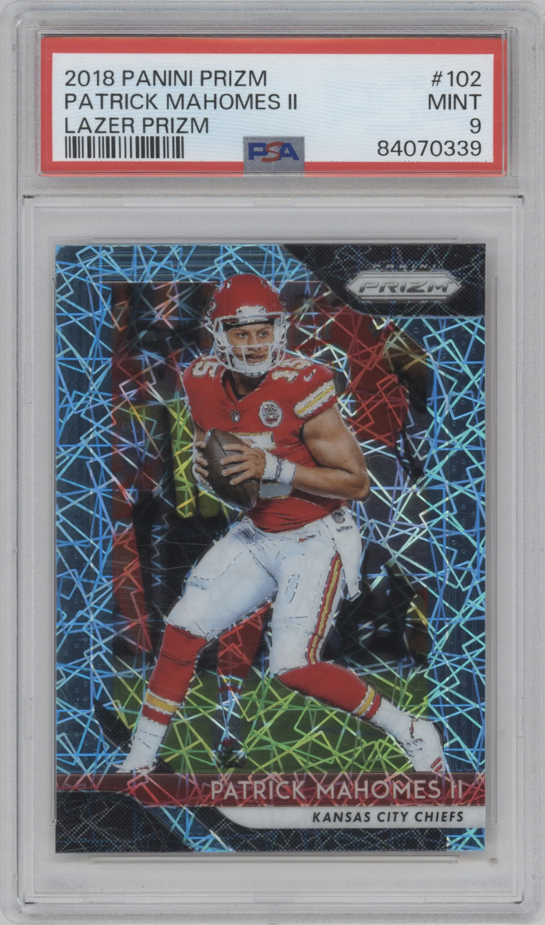 Patrick Mahomes II from the 2018 Panini Prizm set featuring a Lazer parallel graded by PSA and given an overall grade of 9.