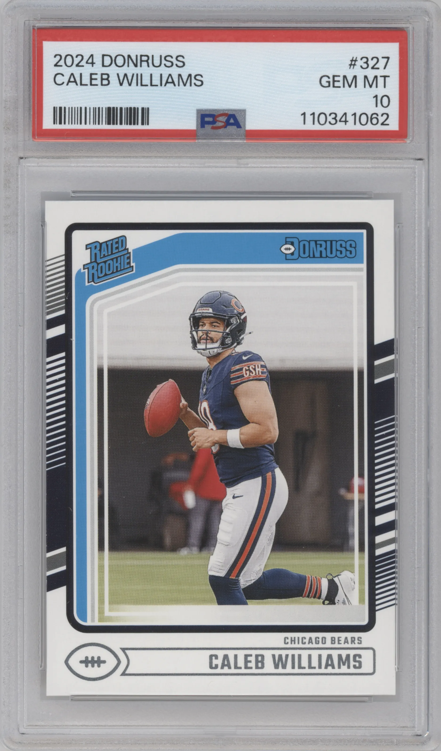 Caleb Williams from the 2024 Donruss set graded by PSA and given an overall grade of 10.