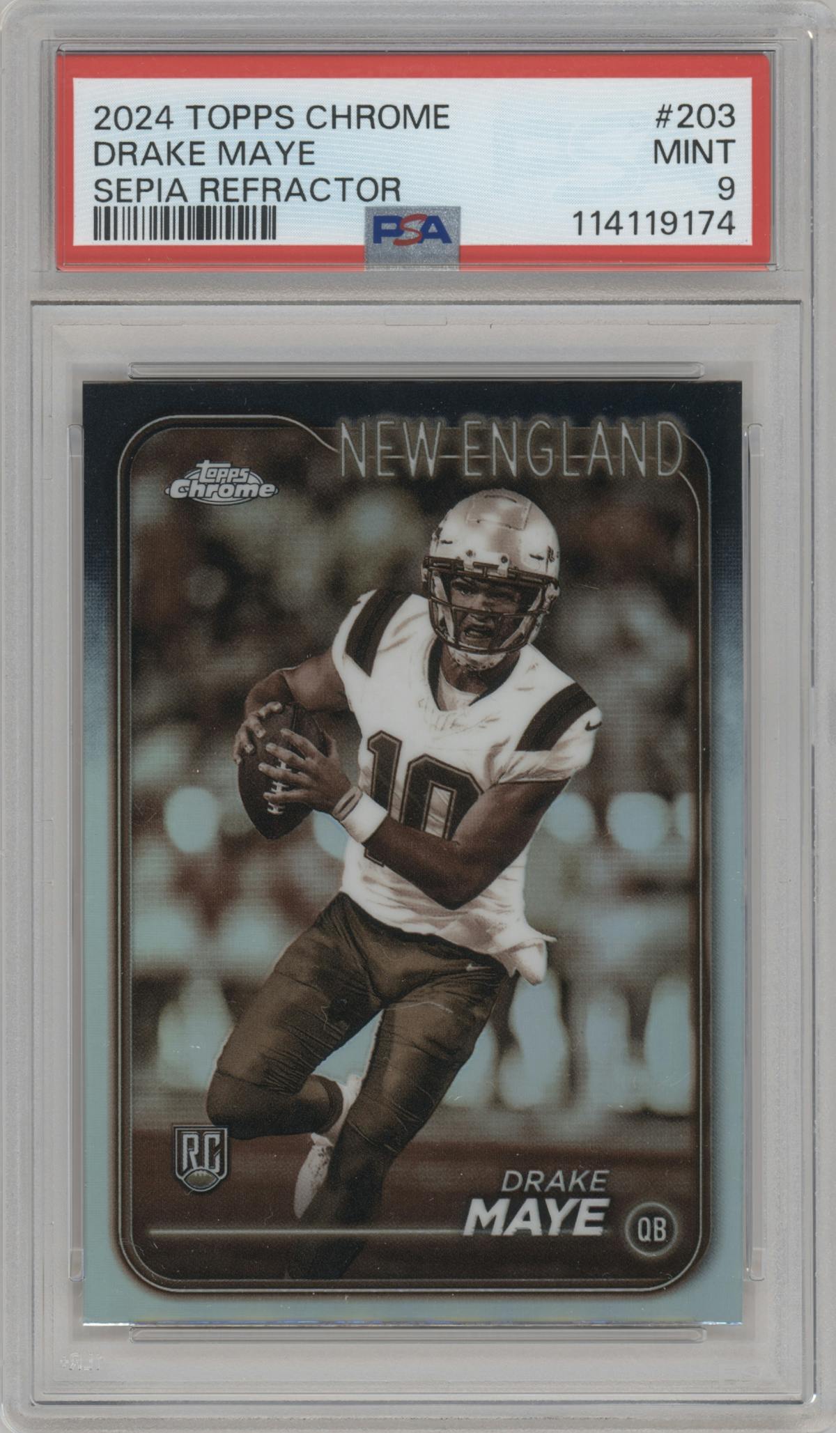 Drake Maye from the 2024 Topps Chrome set featuring a Sepia Refractor parallel graded by PSA and given an overall grade of 9.