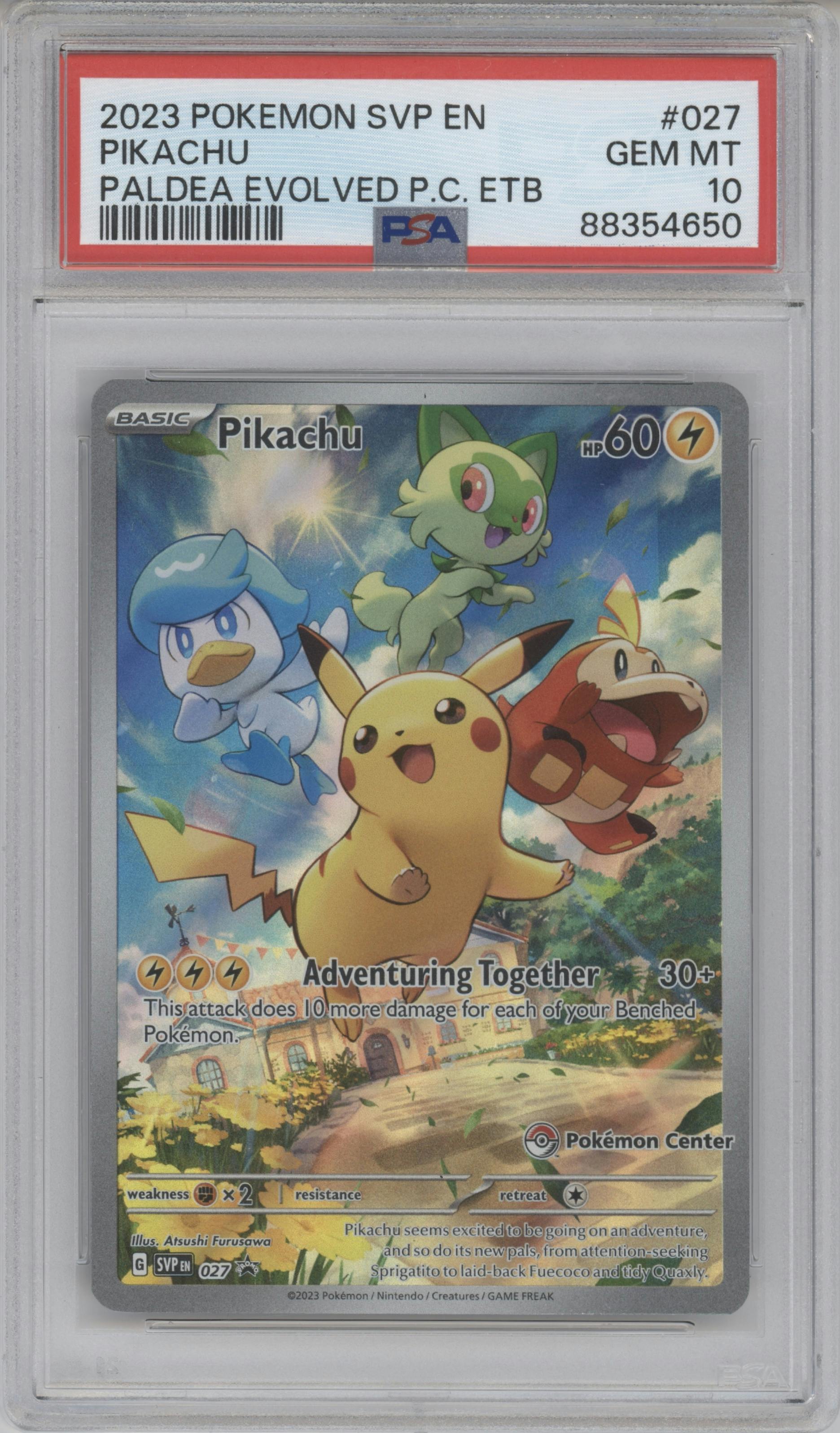 Pikachu from the 2023 Pokemon SV set featuring a Scarlet & Violet - Paldea Evolved Elite Trainer Box parallel graded by PSA and given an overall grade of 10.