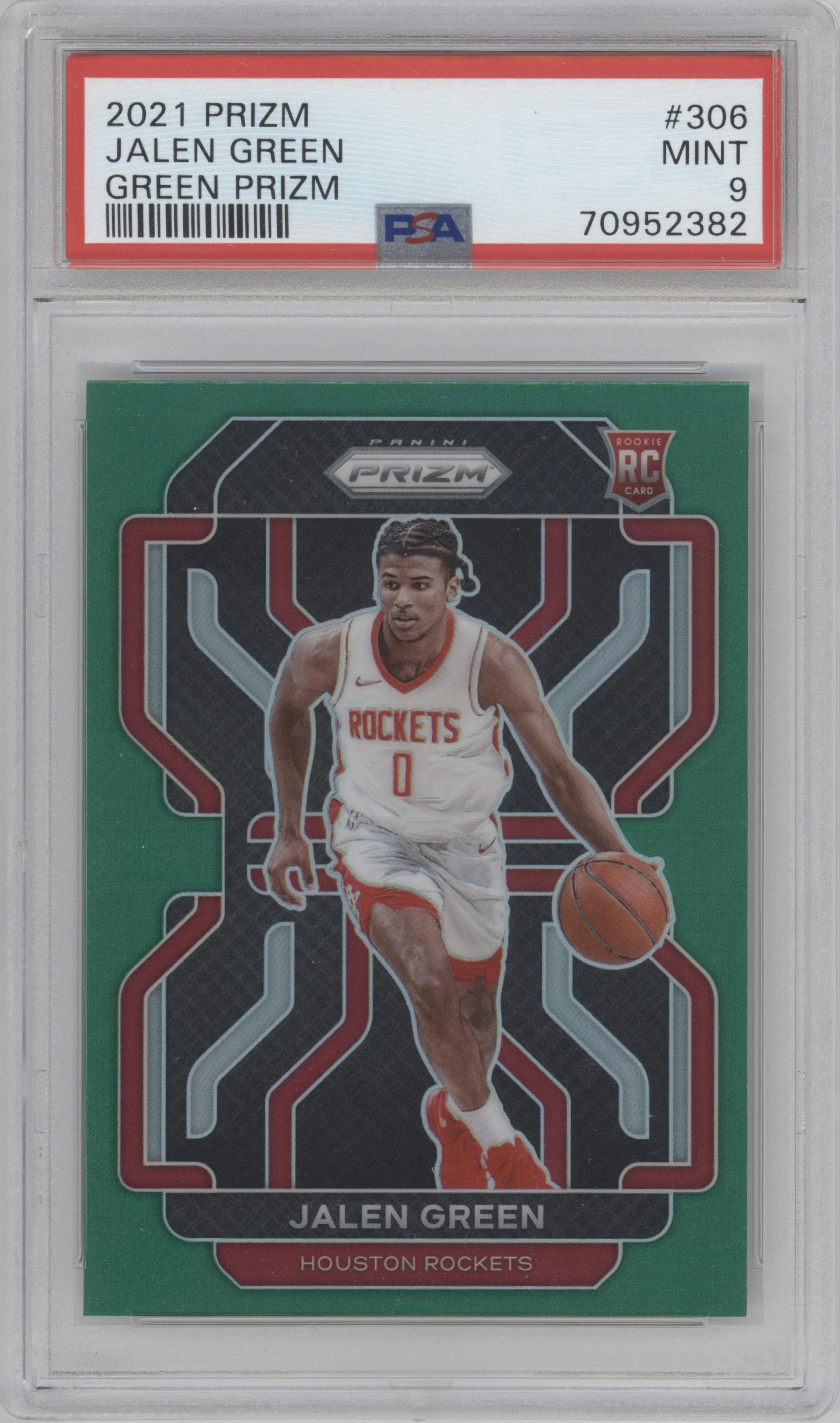 Jalen Green from the 2021-22 Panini Prizm  set featuring a Green Prizm parallel graded by PSA and given an overall grade of 9.