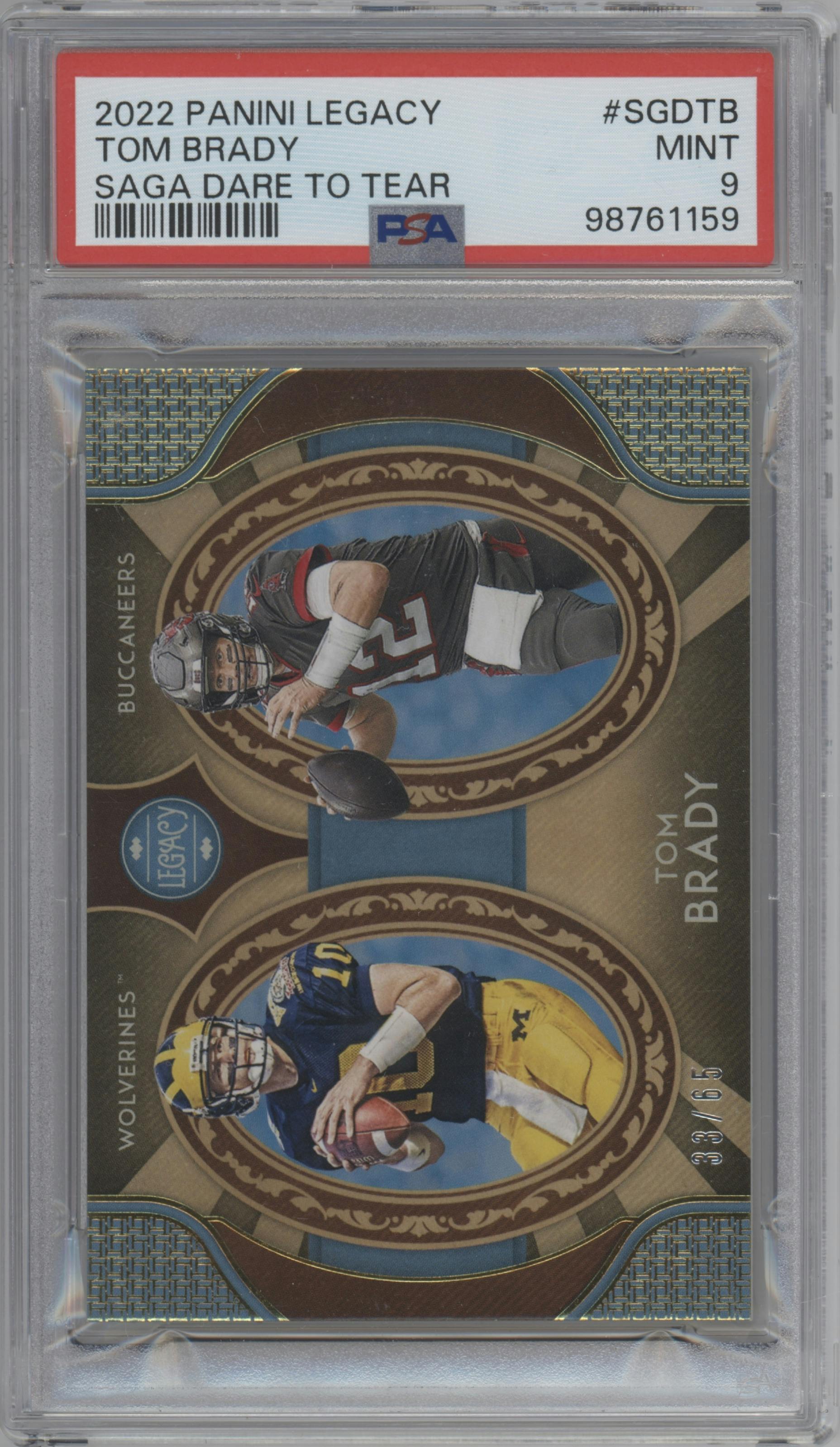 Tom Brady from the 2022 Panini Legacy set graded by PSA and given an overall grade of 9.