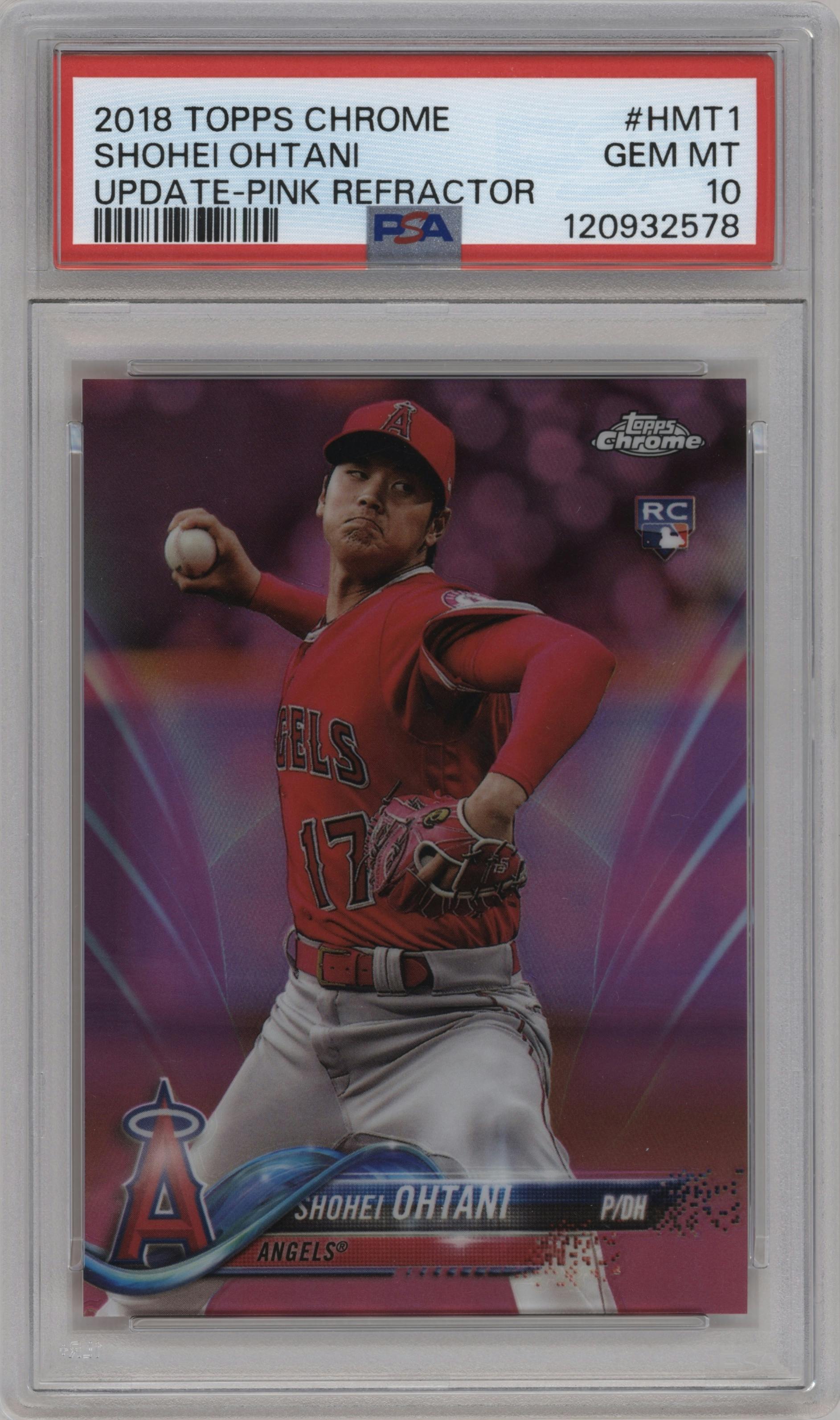 Shohei Ohtani from the 2018 Topps Chrome Update  set featuring a Pink Refractor parallel graded by PSA and given an overall grade of 10.