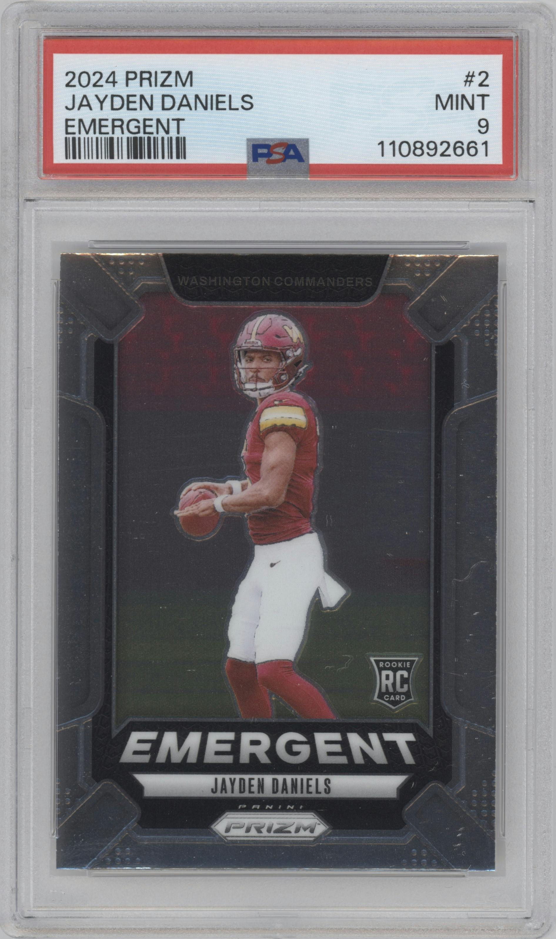 Jayden Daniels from the 2024 Panini Prizm set graded by PSA and given an overall grade of 9.