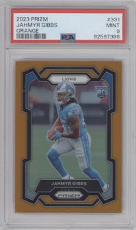 Jahmyr Gibbs from the 2023 Panini Prizm set featuring a Orange Prizm parallel graded by PSA and given an overall grade of 9.