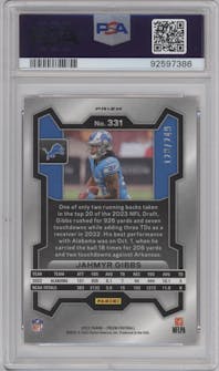 Jahmyr Gibbs from the 2023 Panini Prizm set featuring a Orange Prizm parallel graded by PSA and given an overall grade of 9.