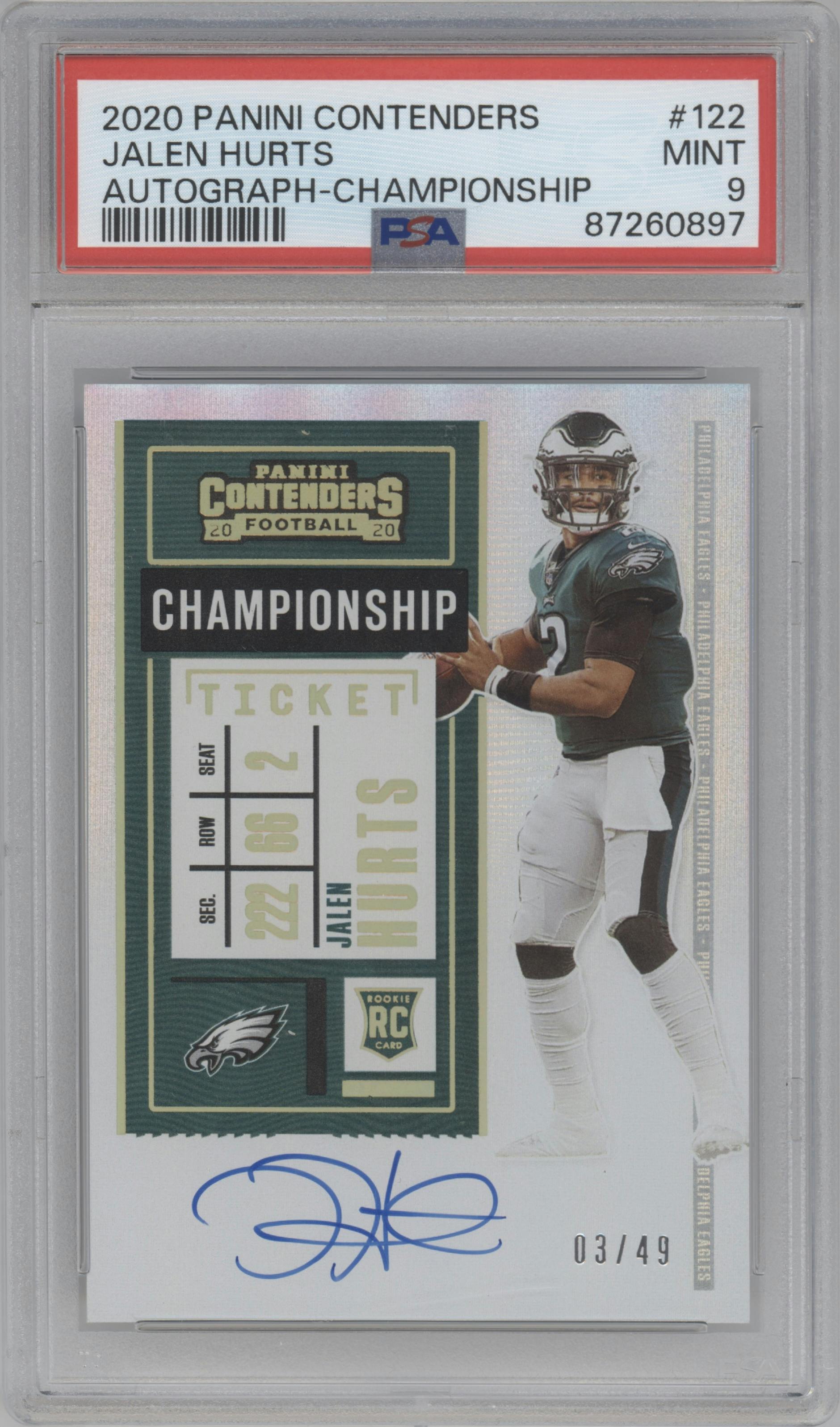 Jalen Hurts  from the 2020 Panini Contenders set graded by PSA and given an overall grade of 9.