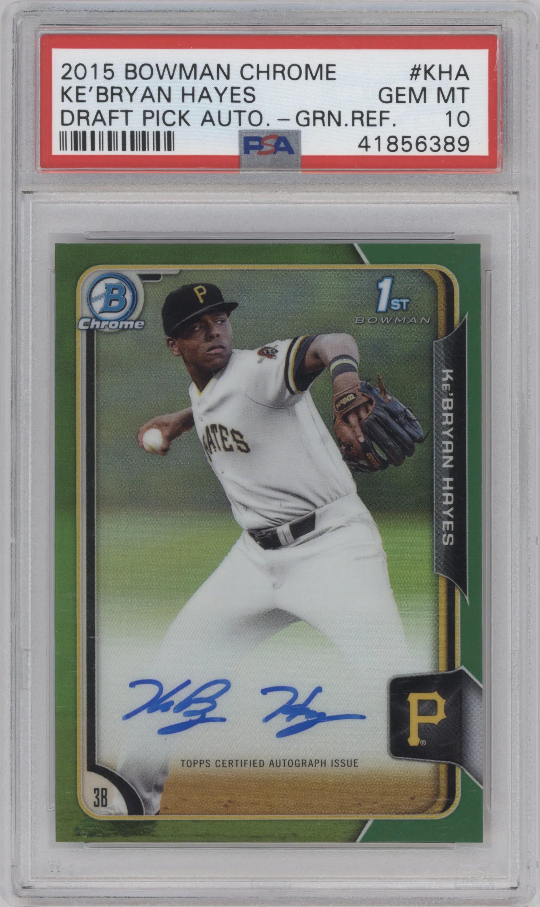 Ke'Bryan Hayes from the 2015 Bowman Draft set featuring a Green Refractor parallel graded by PSA and given an overall grade of 10.