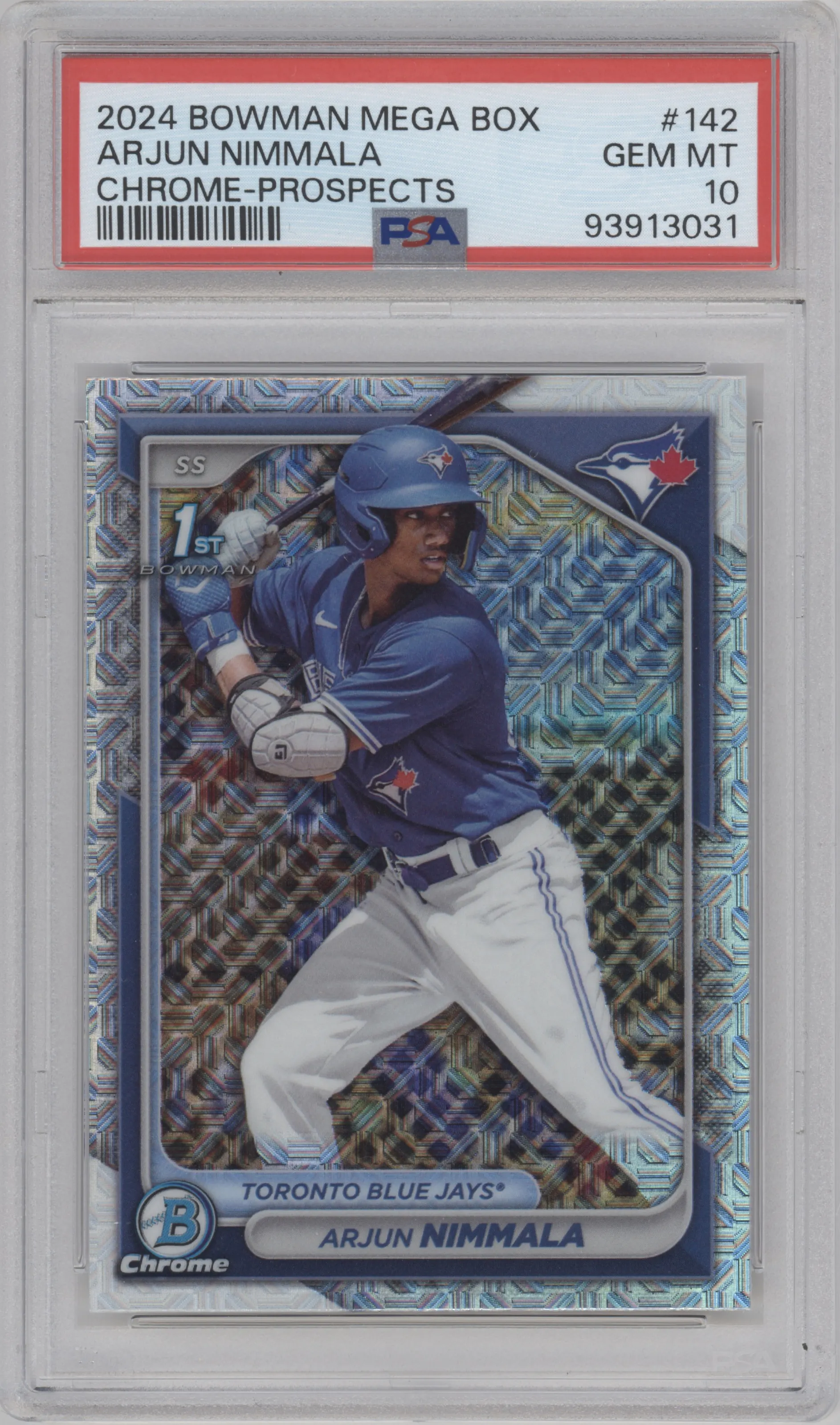 Arjun Nimmala from the 2024 Bowman Mega Box set graded by PSA and given an overall grade of 10.