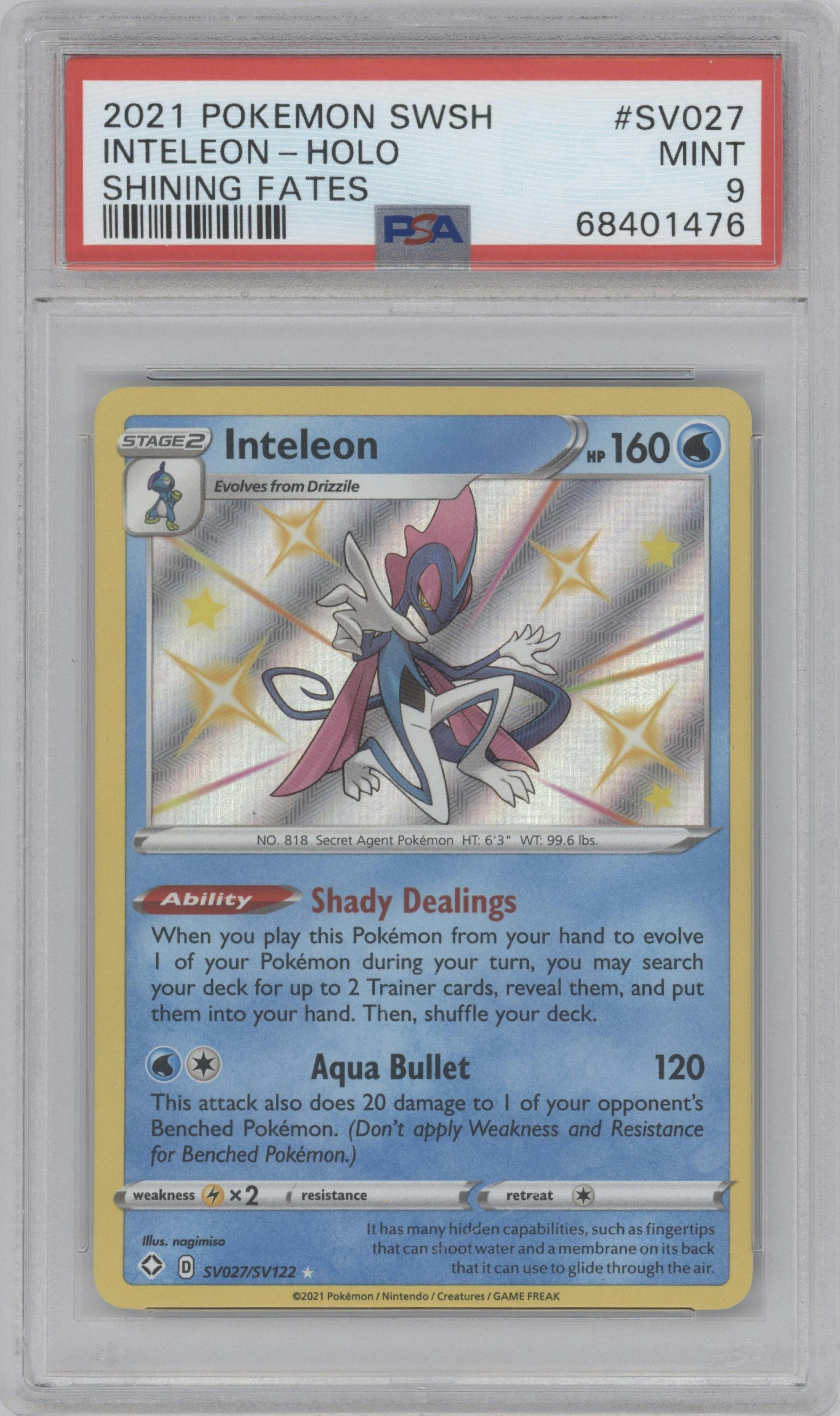 Inteleon from the 2021 Pokemon SWSH set graded by PSA and given an overall grade of 9.