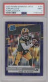 Jordan Love from the 2020 Panini Donruss Optic set featuring a Purple Shock parallel graded by PSA and given an overall grade of 9.
